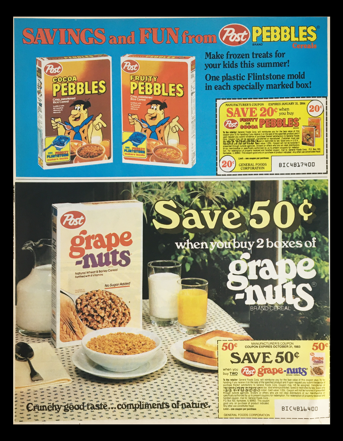1983 Post Fruity Pebbles & Grape-Nuts Cereal Circular Coupon Advertisement featuring colorful cereal boxes and coupon offers for Fruity Pebbles and Grape-Nuts cereals.