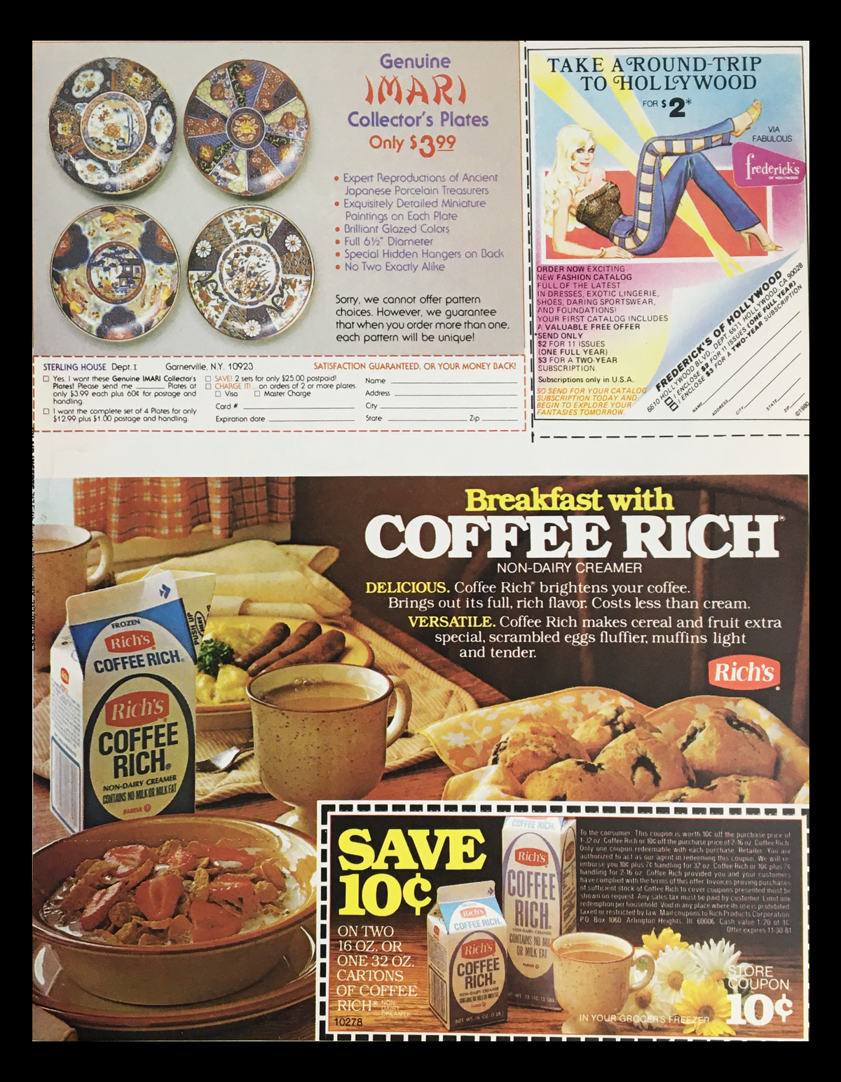 1980 General Foods Stove Top Stuffing Mix Circular Coupon Advertisement featuring breakfast items with Rich's Coffee Rich, including a coupon for saving 10 cents on the product, alongside images of collector's plates.