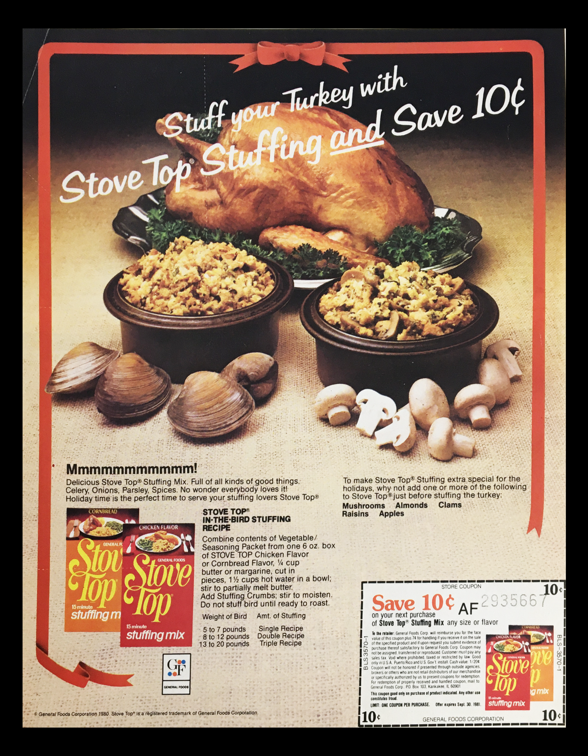 1980 General Foods Stove Top Stuffing Mix Circular Coupon Advertisement showcasing a turkey stuffed with Stove Top stuffing, surrounded by ingredients like mushrooms and clams, promoting a 10 cent saving offer.