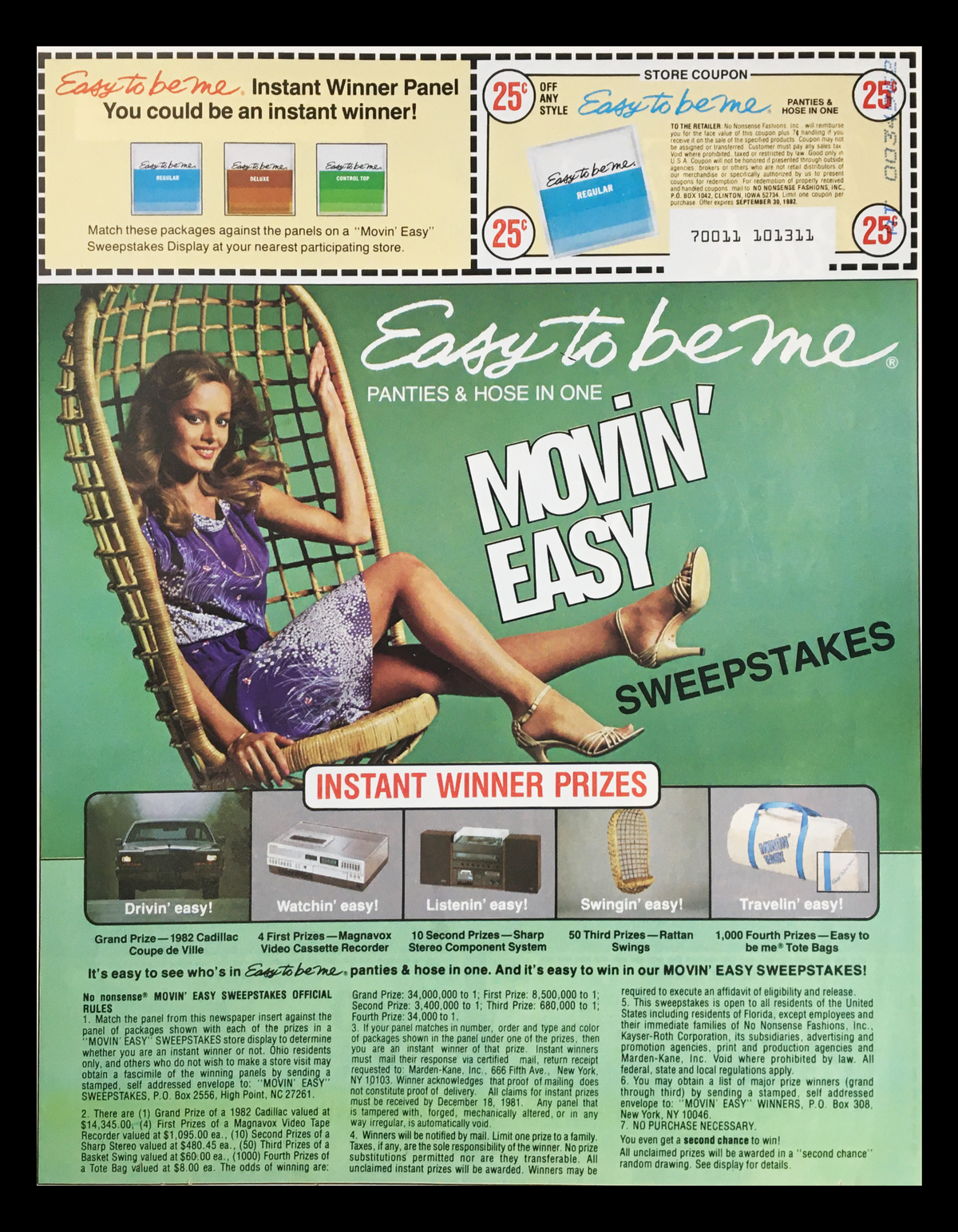 1981 Barclay Kings Circular Advertisement for 'Movin' Easy' sweepstakes featuring a stylish woman in a hammock, showcasing various coupons and prizes.