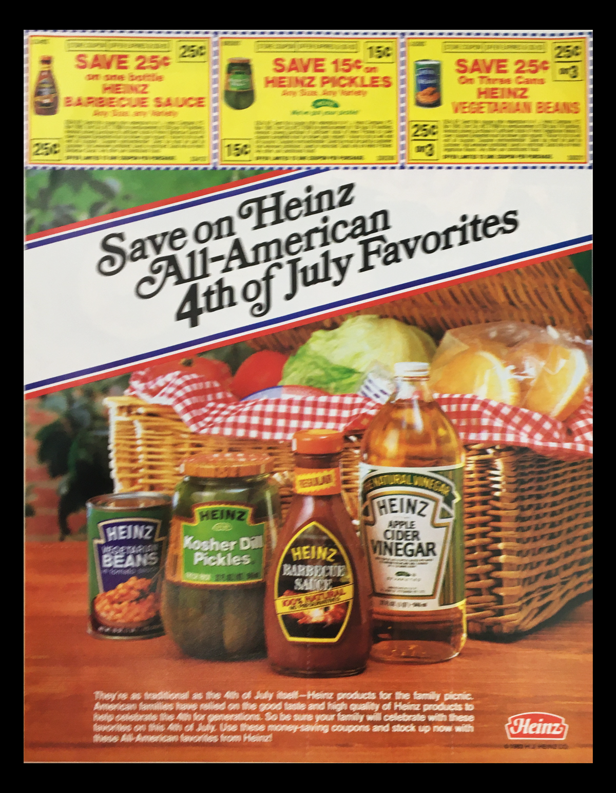 1984 Jeno's Frozen Snacks on the Grill 4th of July Circular Coupon Advertisement featuring a colorful display of Heinz products including BBQ sauce, pickles, and beans, showcasing savings for 4th of July celebrations.