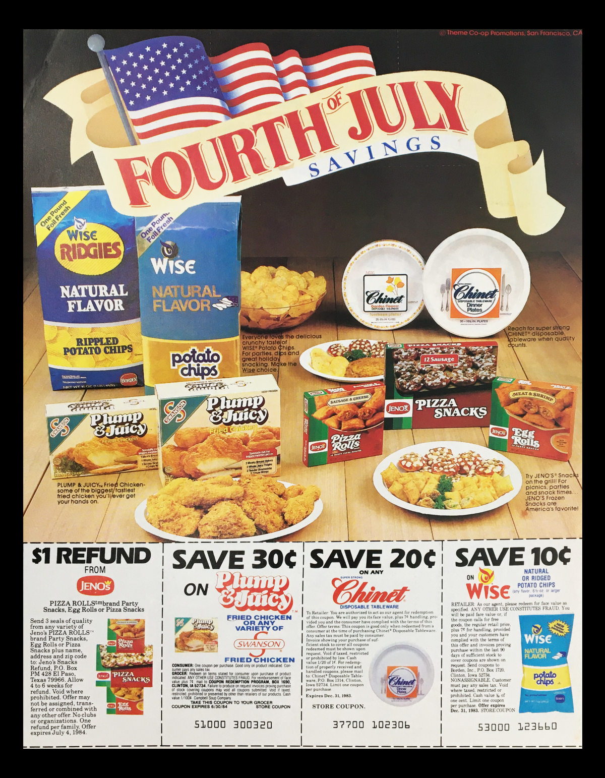 1984 Jeno's Frozen Snacks on the Grill 4th of July Circular Coupon Advertisement featuring various frozen snack products including Wise Ridgies, Plump Juicy, and Chinette, illustrated with savings offers and product displays.