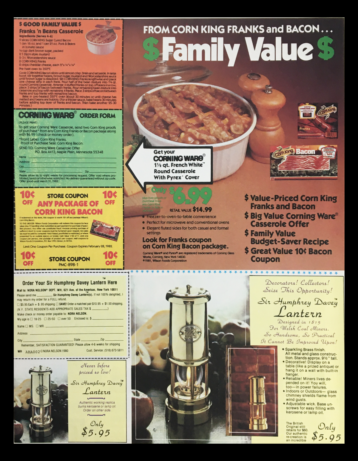 1981 Family Value advertisement showcasing a range of products including Corn King Franks, Bacon, and Cooking Ware with promotional offers, highlighting the theme of the Nestle Baking Carousel.