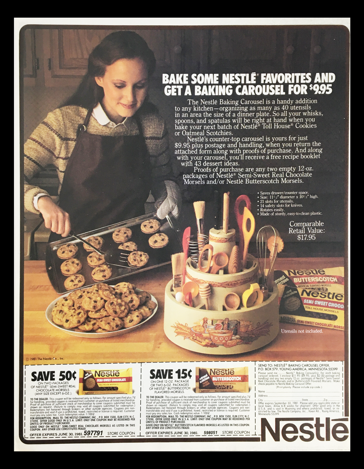 1981 Nestle Baking Carousel Circular Coupon Advertisement featuring a woman baking cookies while showcasing the Nestle Baking Carousel set, including information on the offer for Nestle’s products.
