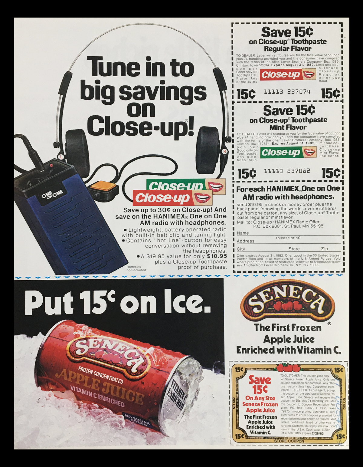 1983 Jergens Lotion-Enriched Soap Circular Coupon Advertisement featuring savings on Close-up toothpaste and Seneca apple juice, highlighting vintage advertisement styles and product offerings from the early 1980s.