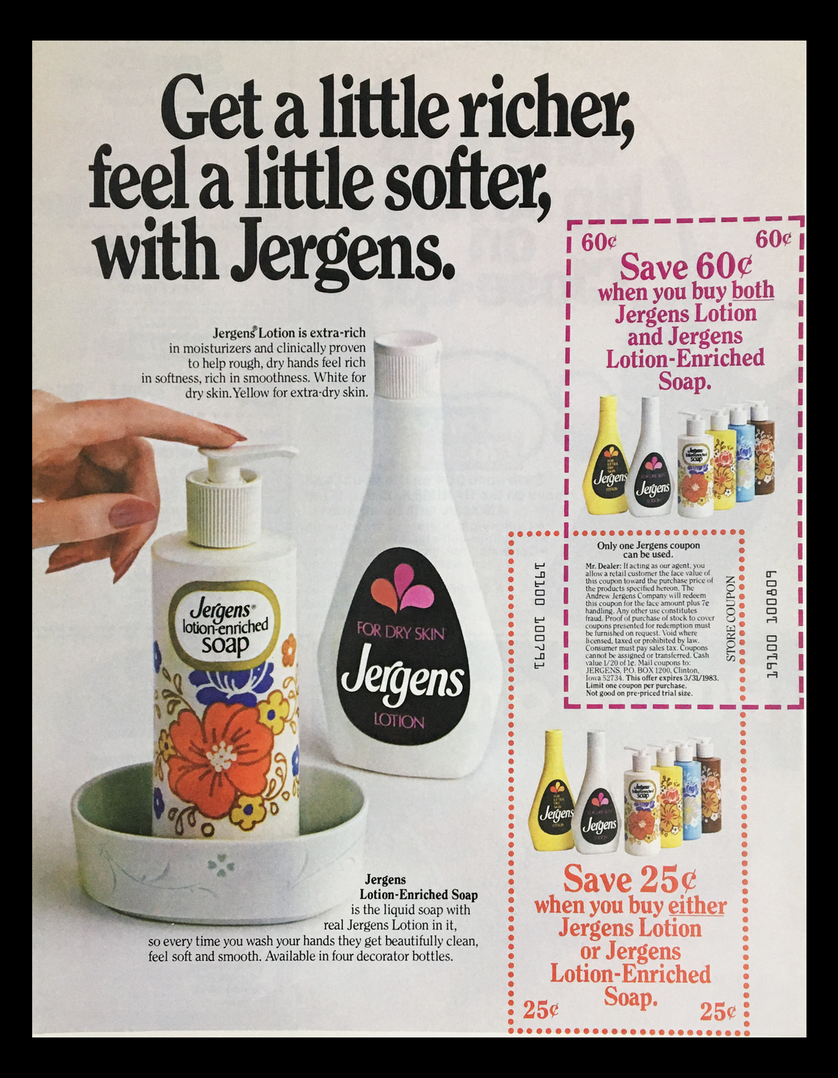 1983 Jergens Lotion-Enriched Soap Circular Coupon Advertisement showcasing vintage skincare products, including Jergens Lotion and Jergens Lotion-Enriched Soap, with colorful design elements and promotional coupons.