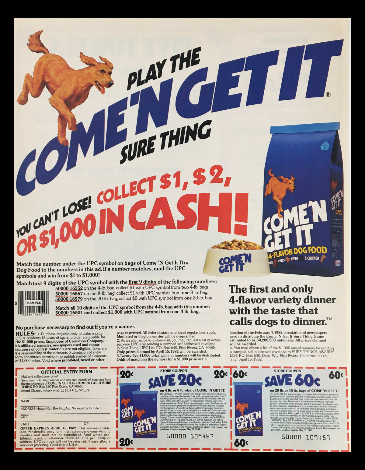 1982 Come 'N Get It 4-Flavor Dog Food Circular Coupon Advertisement featuring a dog and cash prizes. Includes details on how to collect coupon rewards on the Come 'N Get It dog food products.