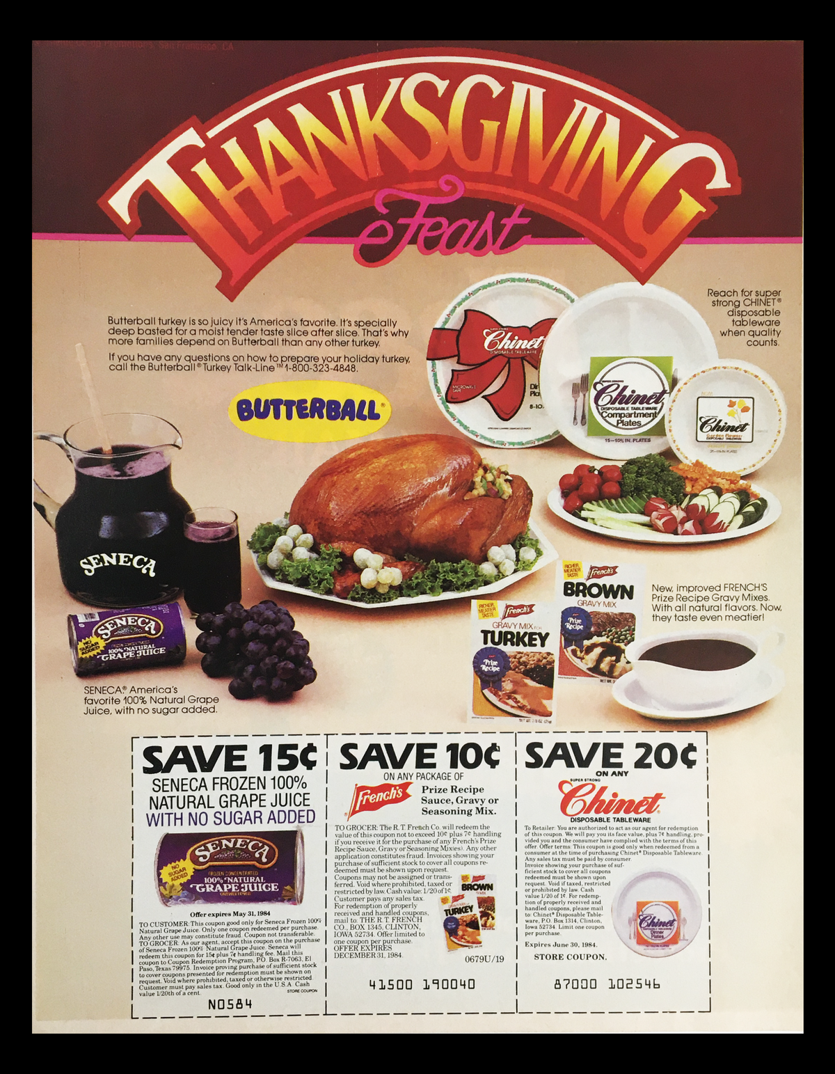 1984 Sure & Natural Super Maxishields Circular Coupon Advertisement featuring various promotional items and a Thanksgiving feast layout, including Butterball turkey, Seneca grape juice, and Chinette products. Good condition, original advertisement measuring 11 1/4 x 8 3/4, expired coupons included.