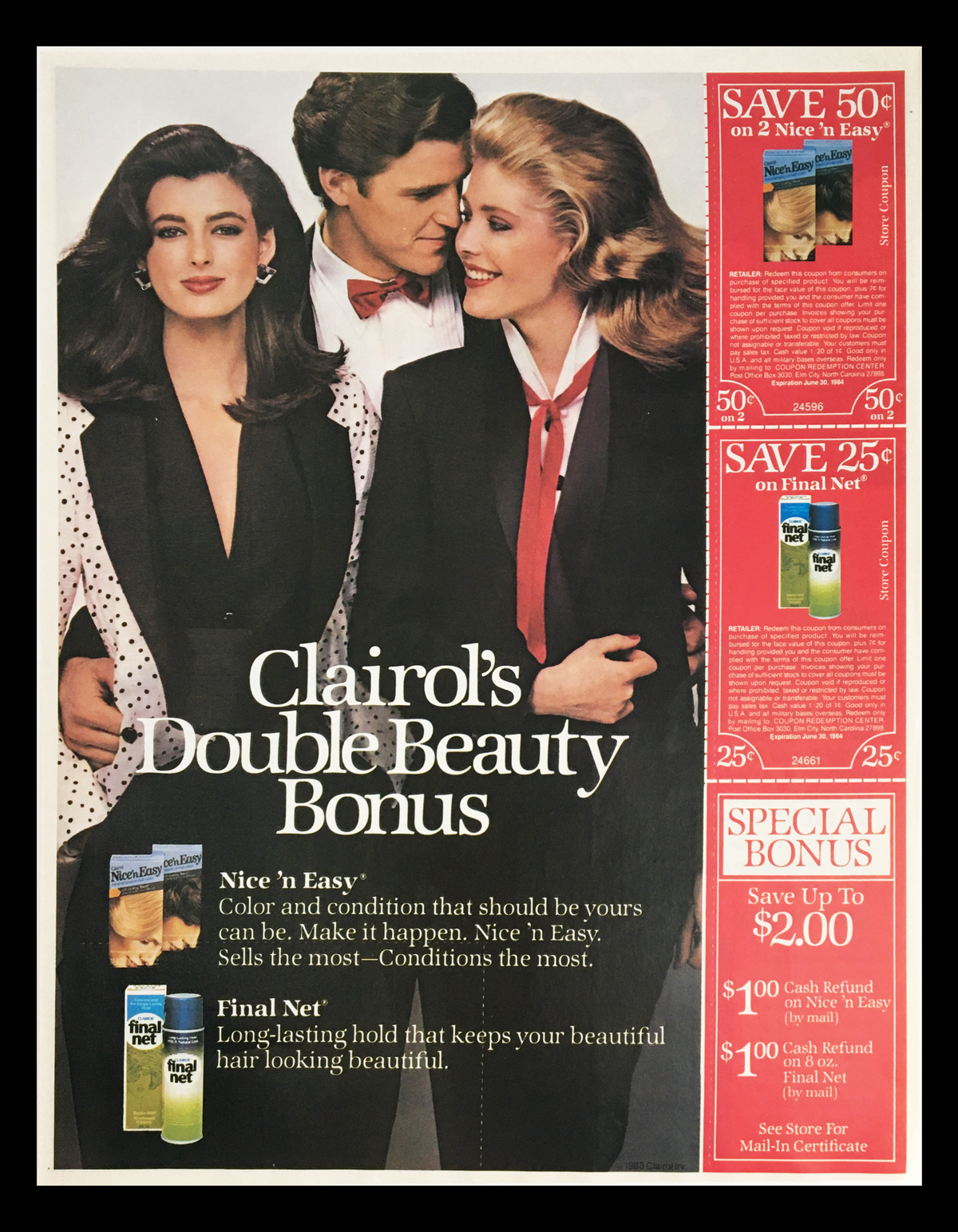 1984 Combos Half Pound Cheese Filled Snack Circular Coupon Advertisement featuring a promotional model for Clairol's Double Beauty Bonus, displaying various hair products and special offers.