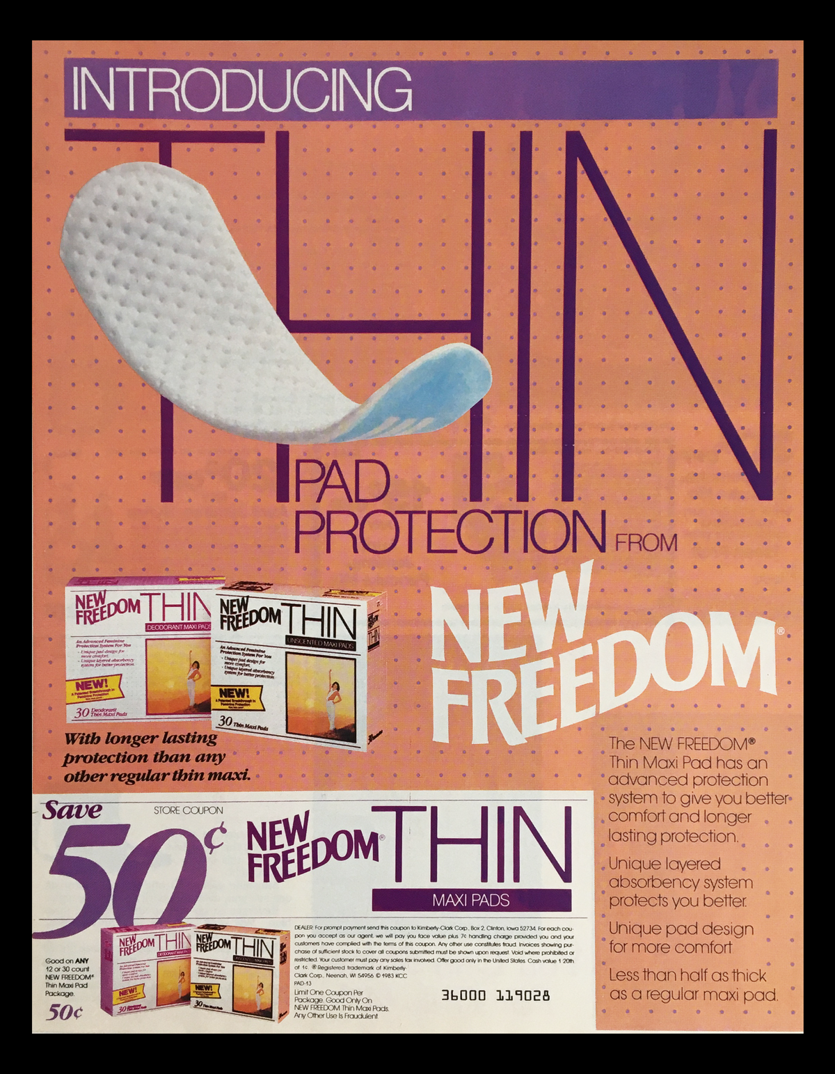 1983 New Freedom Thin Maxi Pads Circular Coupon Advertisement showcasing a unique pad design and offering a coupon saving of 50 cents, highlighting the comfort and protection of New Freedom products.