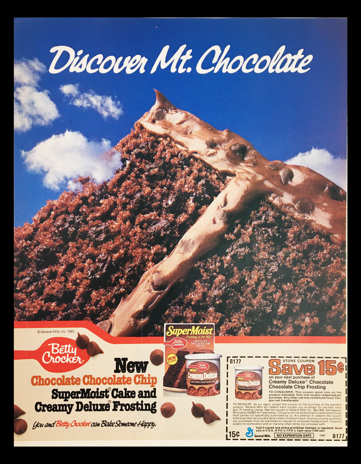 1983 General Mills Betty Crocker Chocolate Dip Circular Coupon Advertisement featuring a mouth-watering chocolate cake and promotional offer.