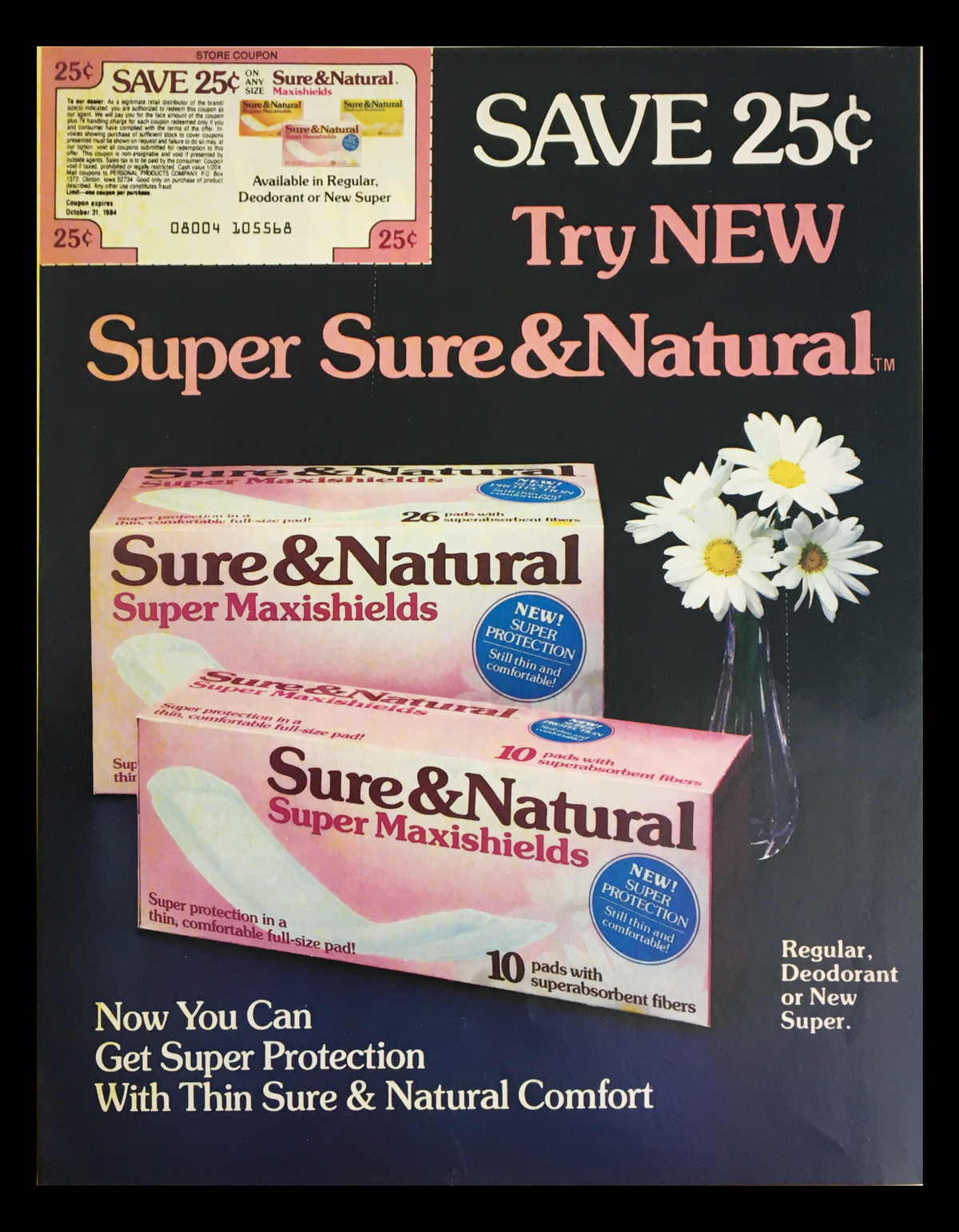 1983 Sure & Natural Maxishields Advertisement with a promotional coupon, highlighting the product's packaging and details about super protection.