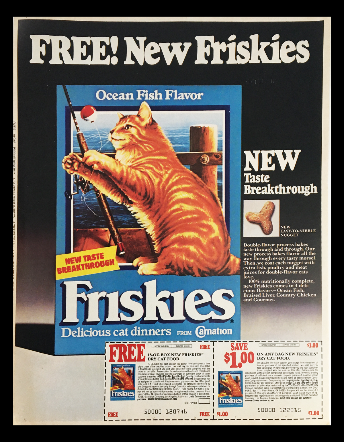 1983 Friskies Delicious Cat Dinners Circular Coupon Advertisement featuring a cat fishing, highlighting the New Taste Breakthrough with Ocean Fish Flavor, including a coupon for free cat food.