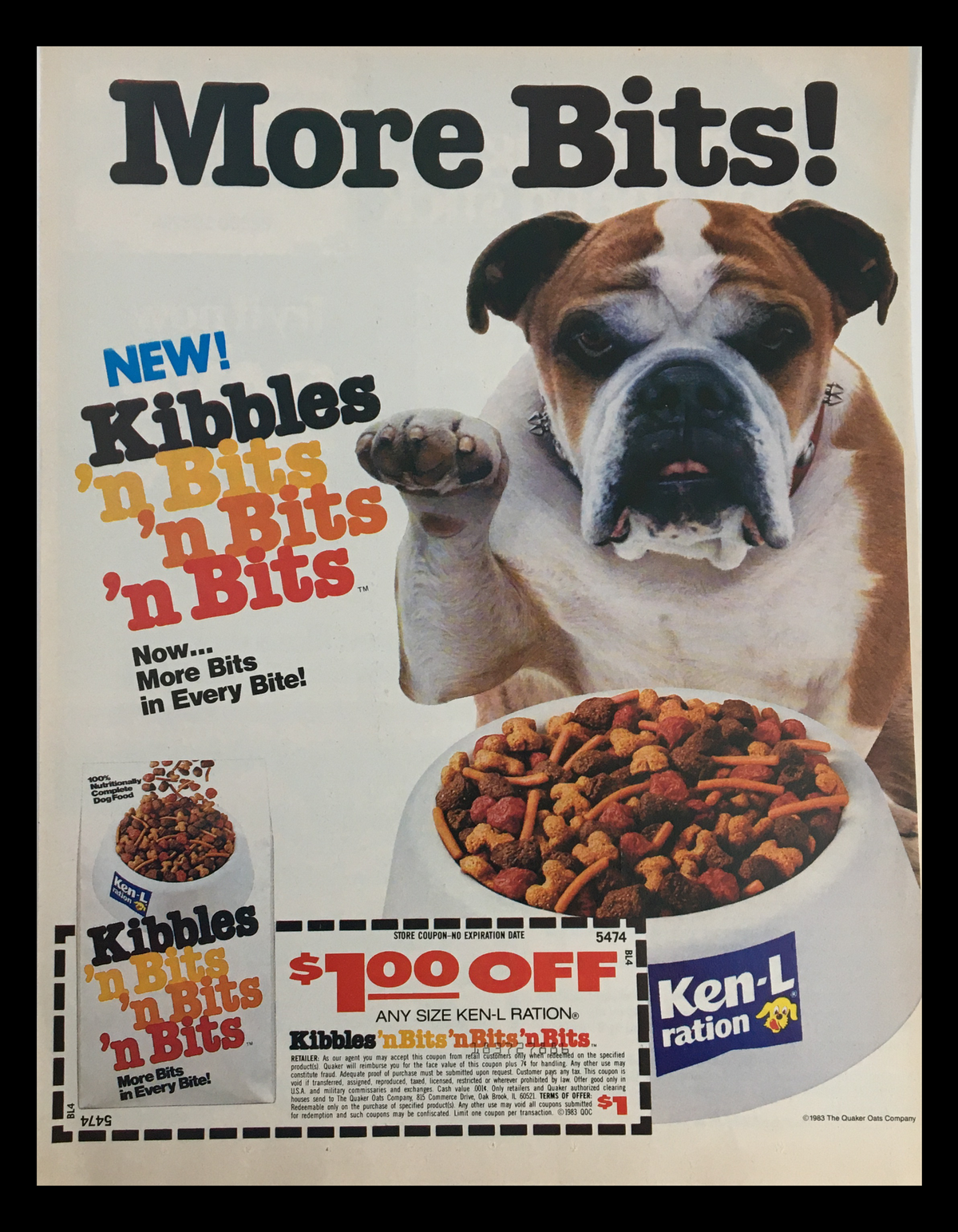 1983 Quaker Ken-L Ration Kibbles Dog Food Circular Coupon Advertisement featuring a Bulldog with a bowl of kibble, promoting Kibbles 'n Bits dog food.