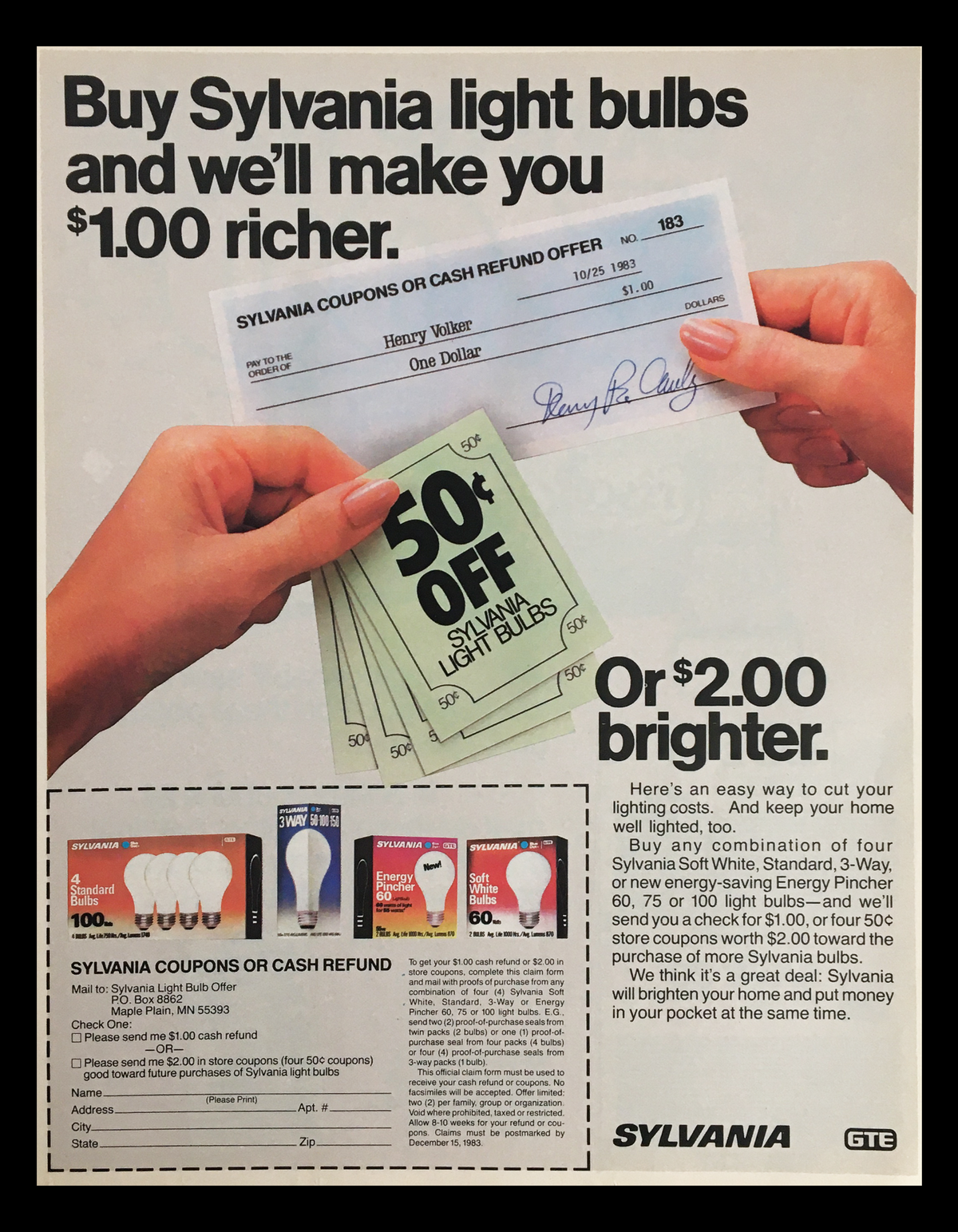 1983 Crisco Oil & Duncan Hines Deluxe Cake Mix Circular Coupon Advertisement showcasing a coupon offer for Sylvania light bulbs, emphasizing vintage promotional materials from the 1980s.