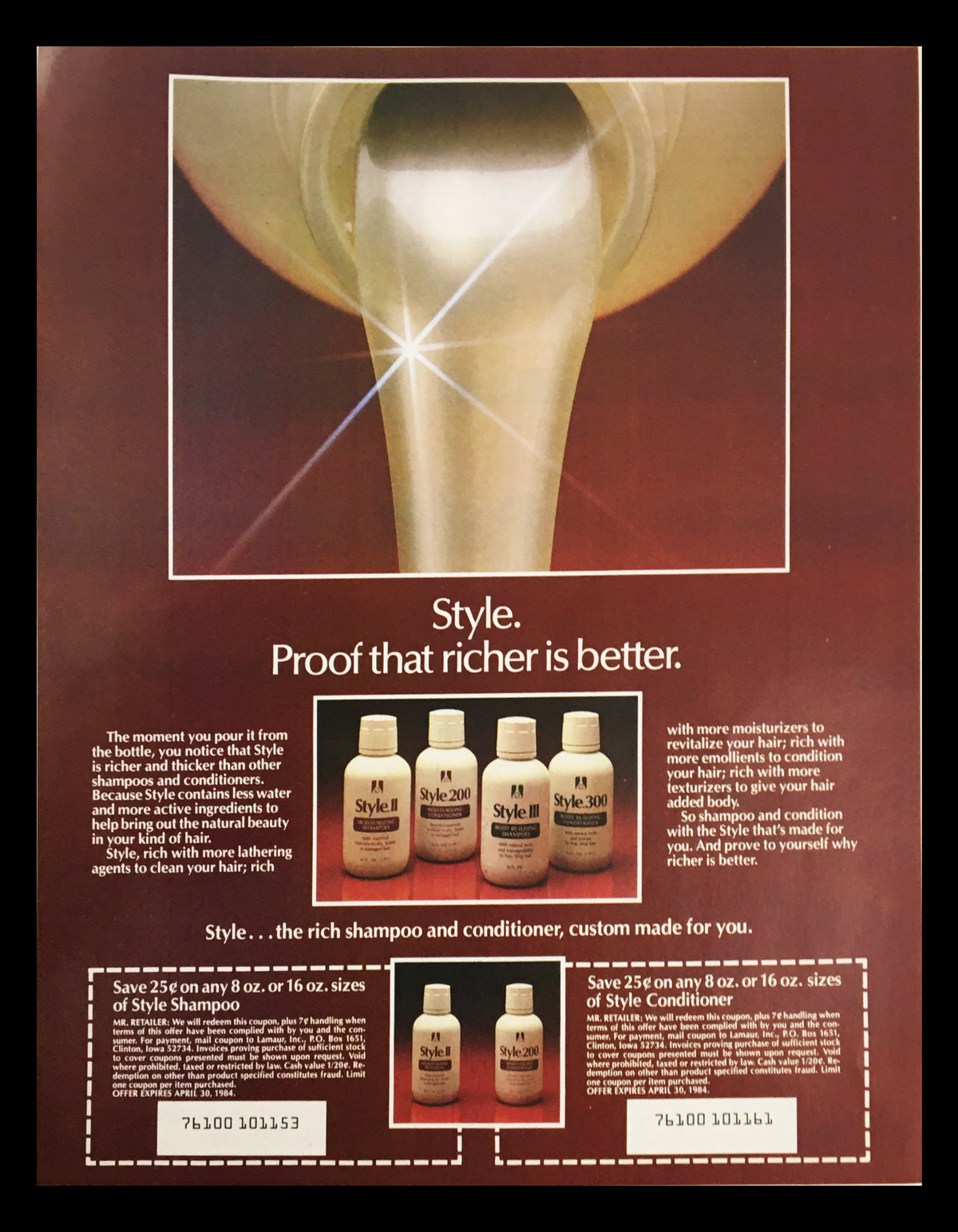 Promotional advertisement for Style hair care products, showcasing shampoo and conditioner bottles with a glossy background, emphasizing the message 'Proof that richer is better'.
