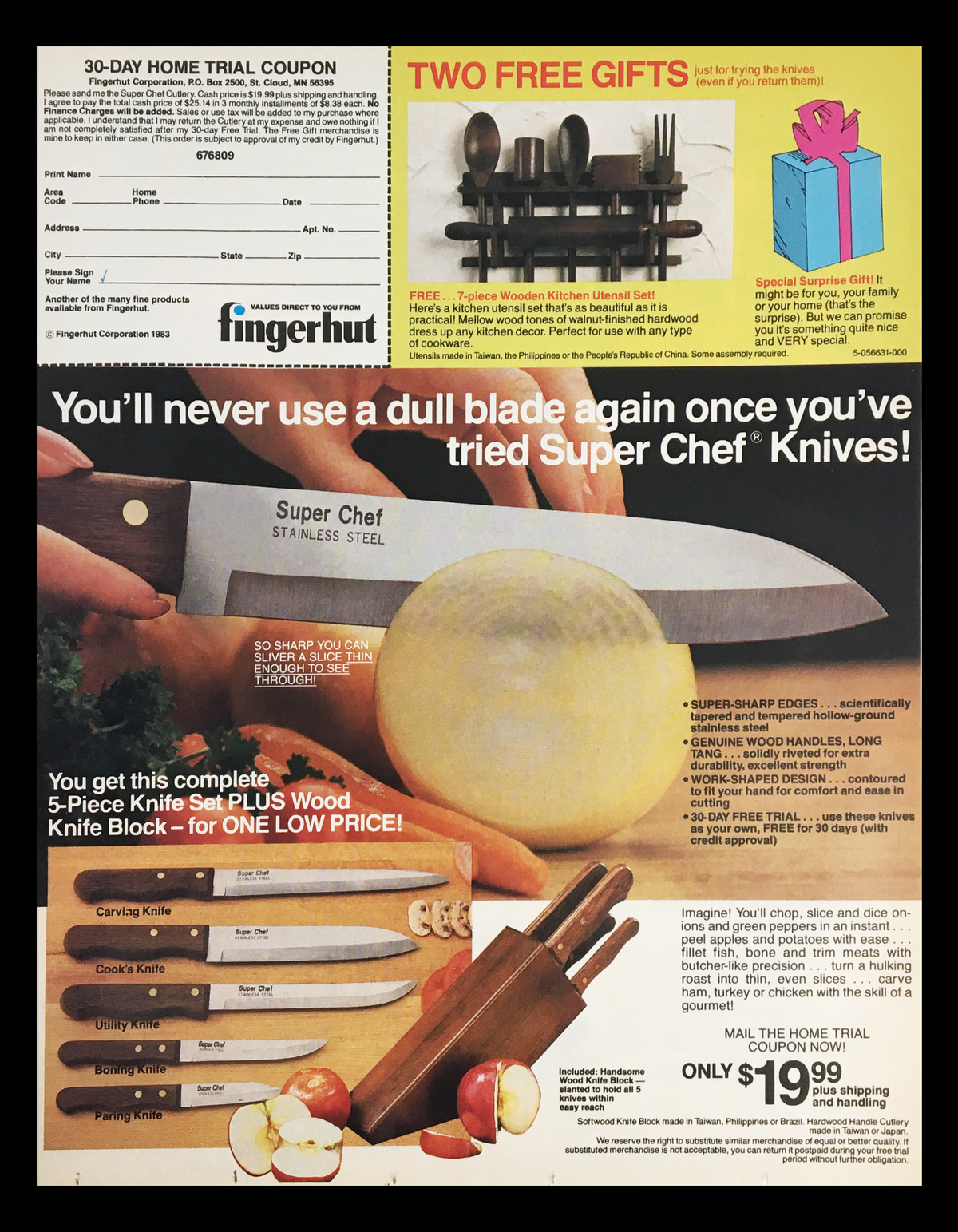 1984 Fingerhut Home Trial Coupon Advertisement featuring Super Chef knives and a kitchen setting, highlighting a special offer for a complete knife set with gifts included.