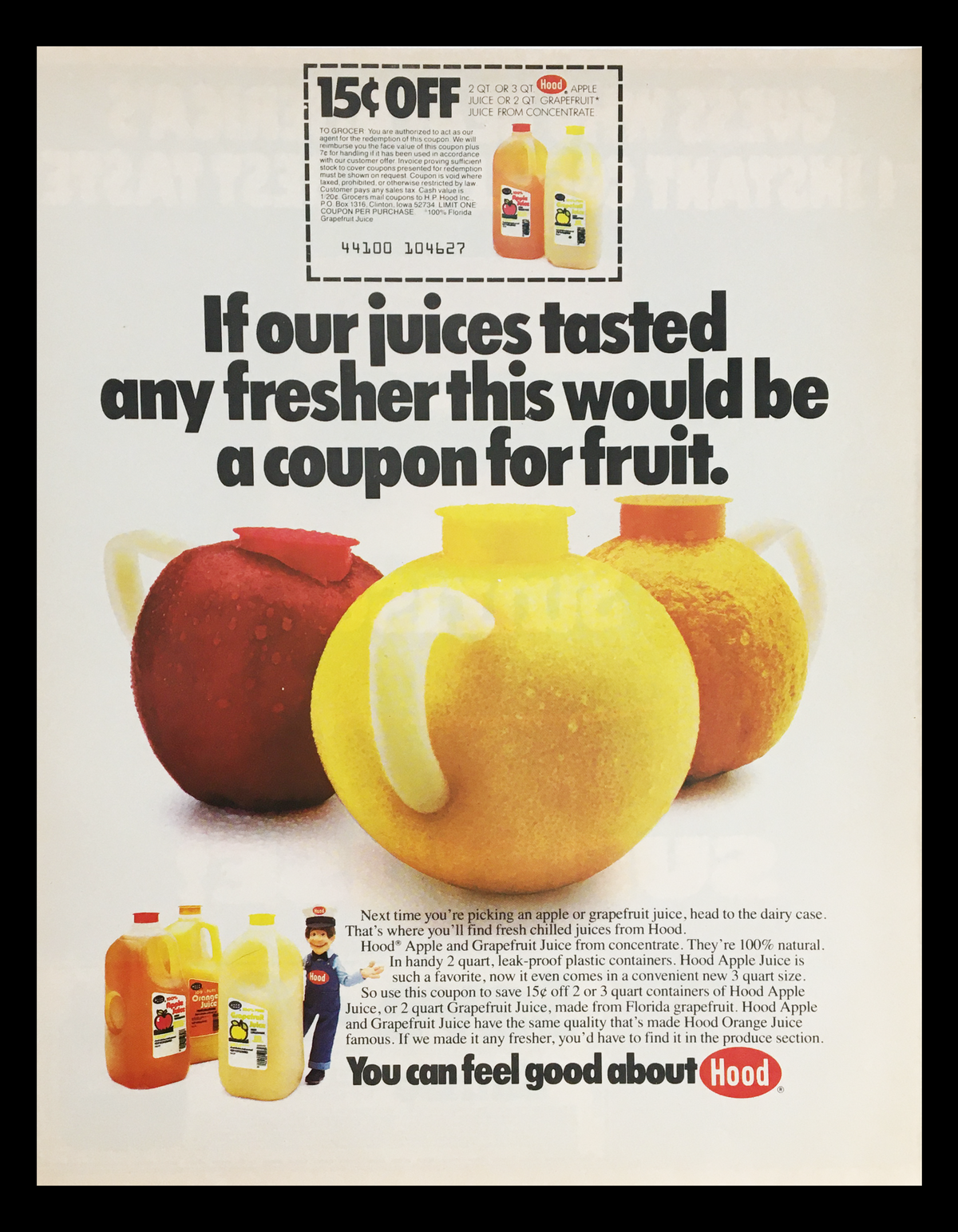 1984 Hood Apple and Grapefruit Juice Circular Coupon Advertisement featuring colorful juice containers and a promotional message about freshness and quality.