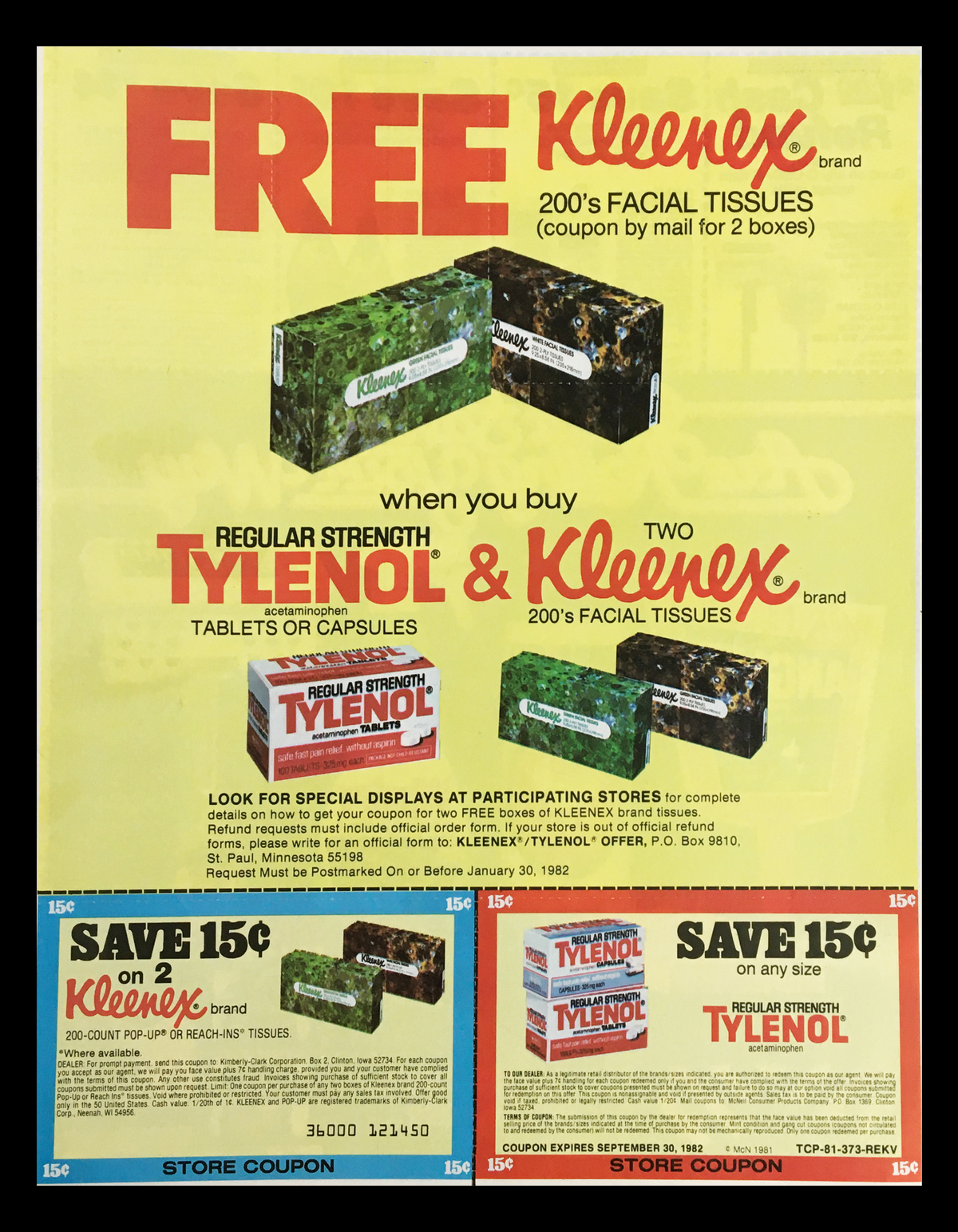 1981 Complete H.O. Model Train Set Circular Coupon Advertisement featuring a promotional offer for free Kleenex facial tissues and discounts on Tylenol. The advertisement showcases vibrant colors with the product images and promotional details.