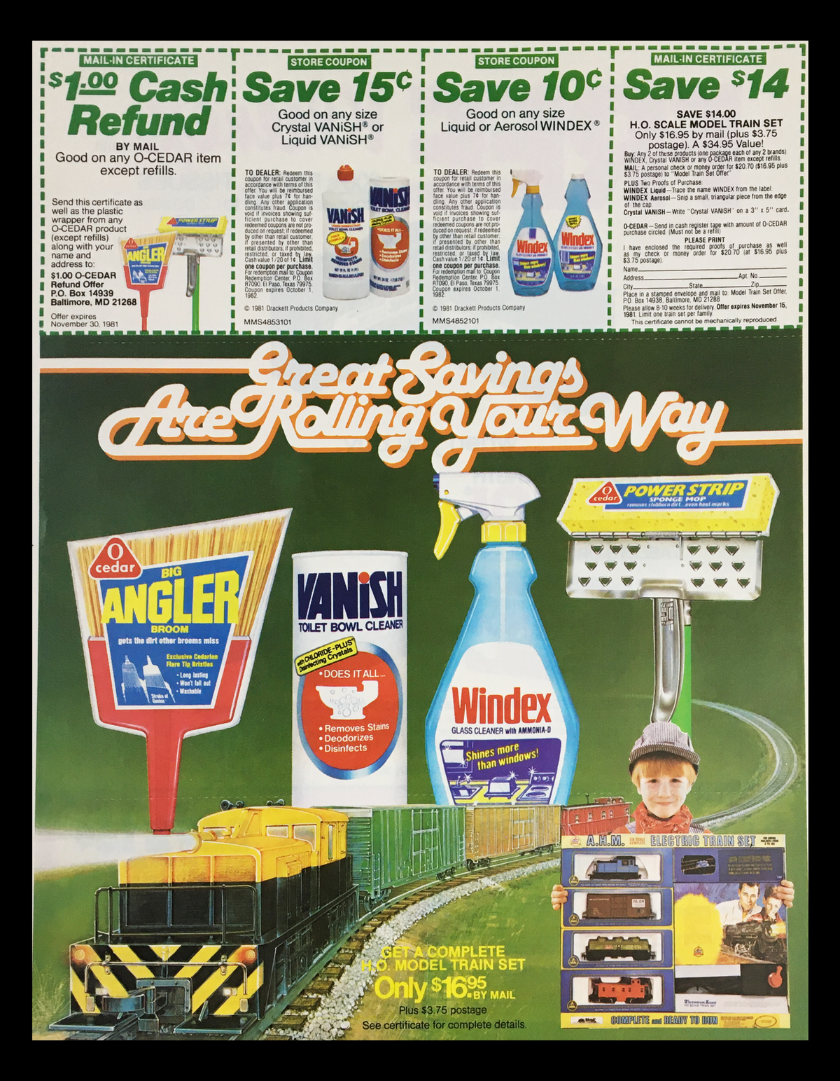1981 Complete H.O. Model Train Set Circular Coupon Advertisement featuring various discount coupons and a model train at the bottom. The advertisement includes coupons for household items and emphasizes great savings, suitable for collectors or model train enthusiasts.