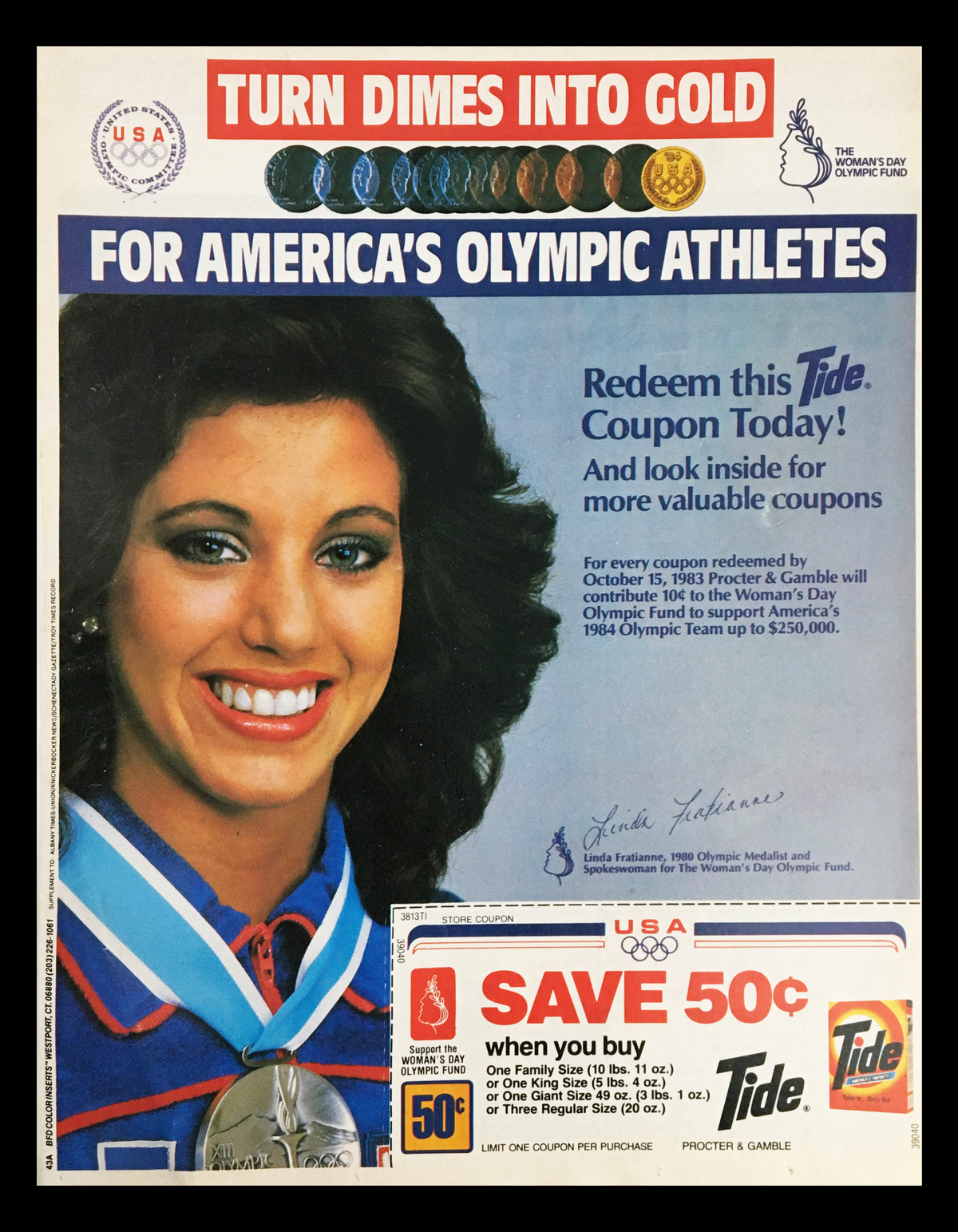 1983 Tide Detergent Linda Fratianne Olympic Circular Coupon Advertisement featuring an image of Linda Fratianne promoting Tide detergent with a message to redeem a coupon for America's Olympic athletes.