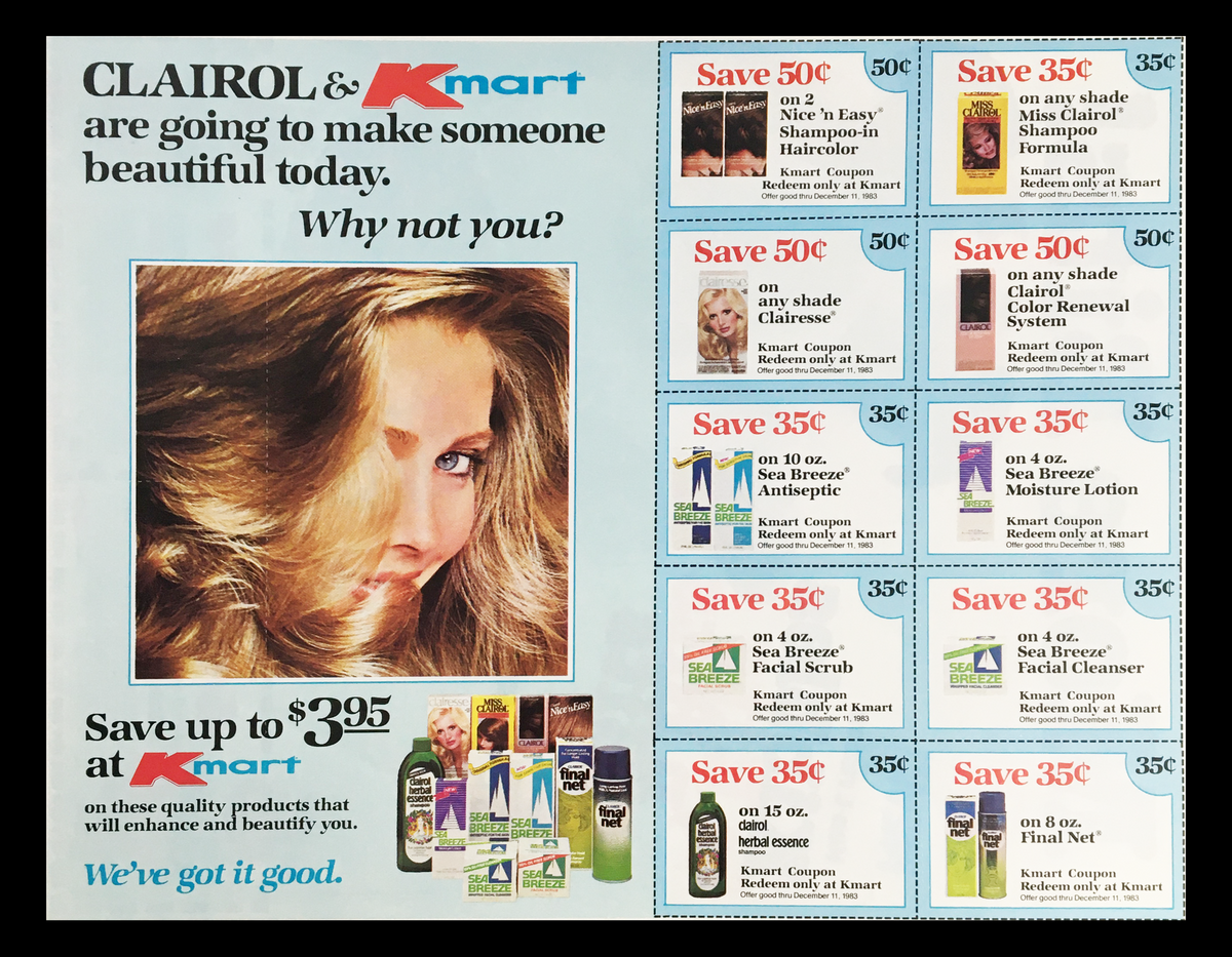 1983 Ken-L Ration Kibles 'n Bits 'n Bits 'n Bits Circular Coupon Advertisement showcasing Clairol products and Kmart discounts, encouraging savings on hair care and beauty items.