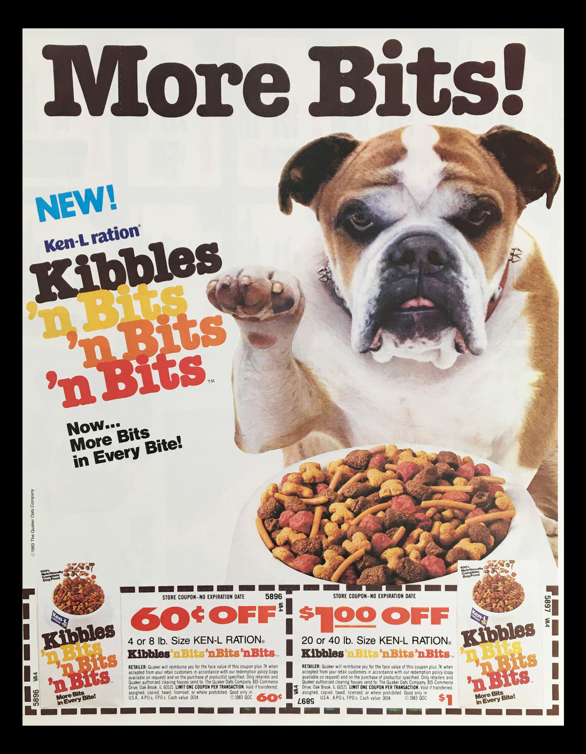 1983 Ken-L Ration Kibles 'n Bits 'n Bits 'n Bits Circular Coupon Advertisement featuring a bulldog and a bowl of kibble, highlighting the 'More Bits!' promotion with coupons offering discounts.