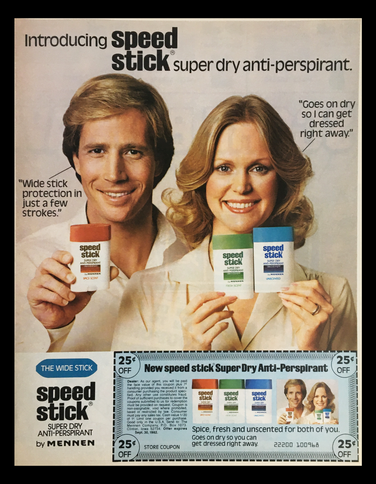 1981 Texize Products Score Big Circular Coupon Advertisement showcasing a couple holding Speed Stick anti-perspirants, promoting wide-stick protection. Includes details on coupon savings.
