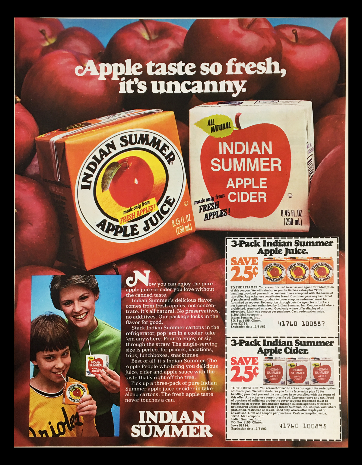 1983 Indian Summer Apple Juice Circular Coupon Advertisement featuring apple juice and apple cider packaging, with promotional text highlighting freshness and natural ingredients. The image includes children enjoying the product, capturing the nostalgic charm of vintage advertising.