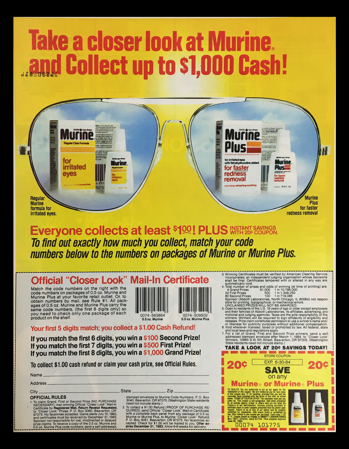 1983 Calde Cort Hydrocortisone Antifungal Cream or Spray Coupon Advertisement featuring various Murine products reflected in sunglasses, promoting the chance to win cash rewards for participating in the promotional offer.