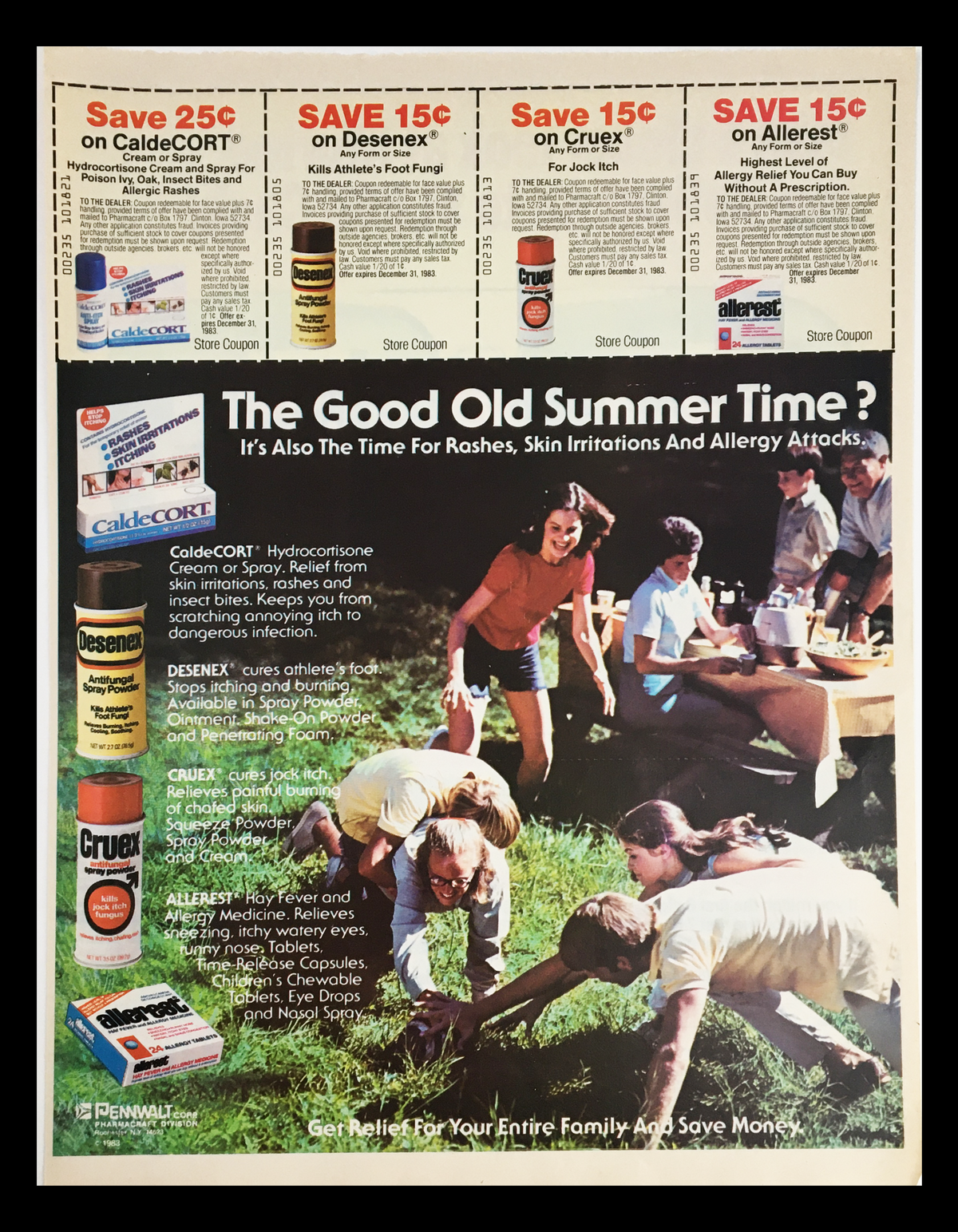 1983 Calde Cort Hydrocortisone Antifungal Cream or Spray Coupon Advertisement featuring various product coupons for skin care solutions, highlighting summer relief for rashes, irritations, and allergies. Contains images of products and coupons.