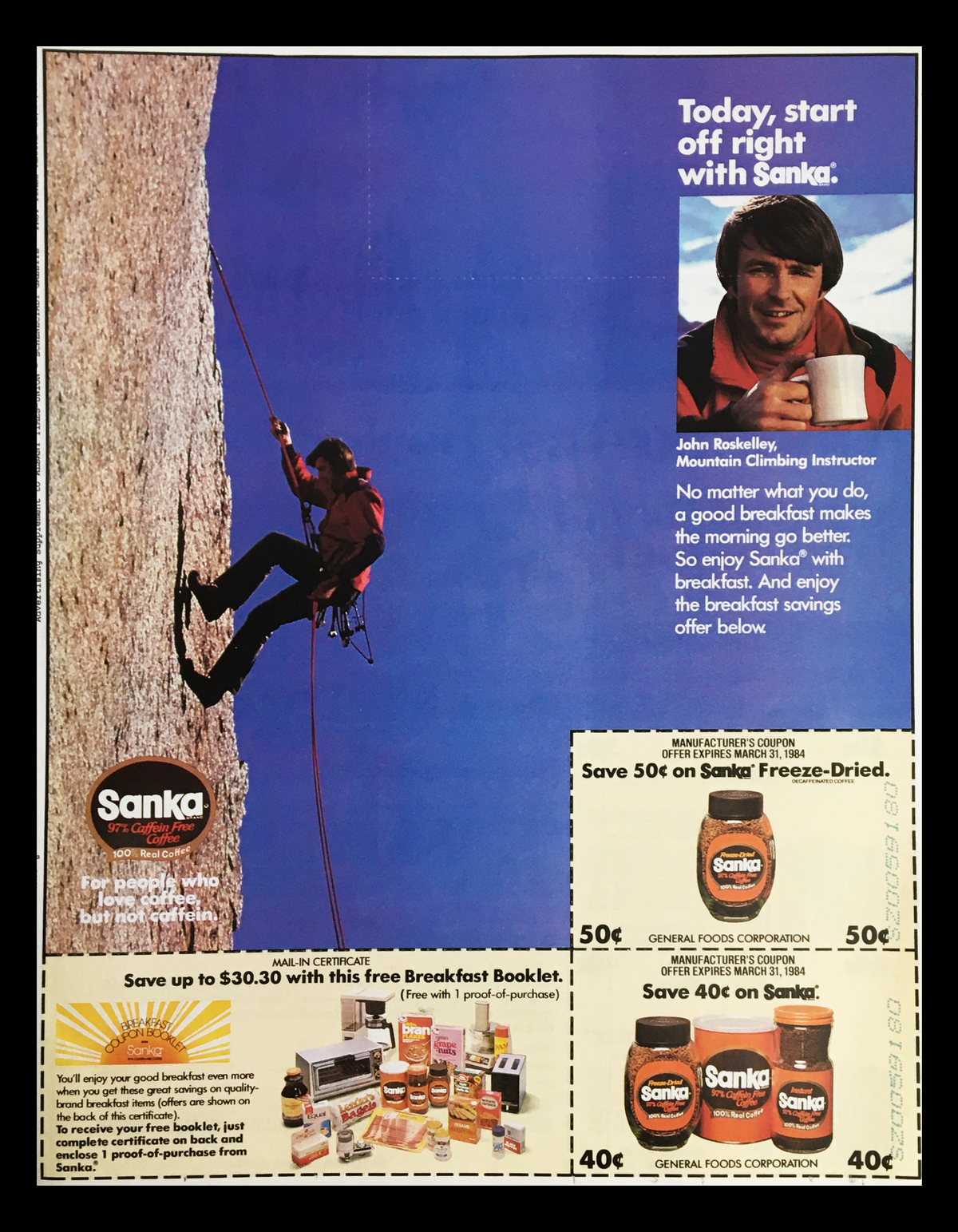 1983 Purina 100 Better Tasting Cat Food Circular Coupon Advertisement showing a mountain climber named John Roosley, promoting Sanka coffee with additional savings on freeze-dried products and breakfast booklet offers.