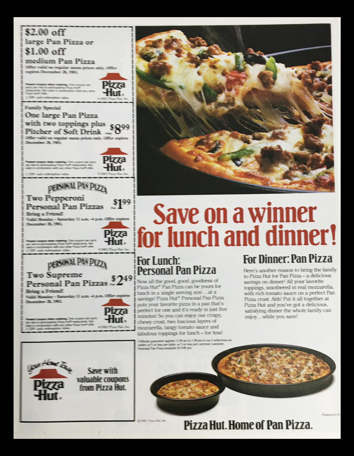 Advertisement for Pizza Hut offering discounts on Pan Pizzas, highlighting savings with a prominent coupon section.