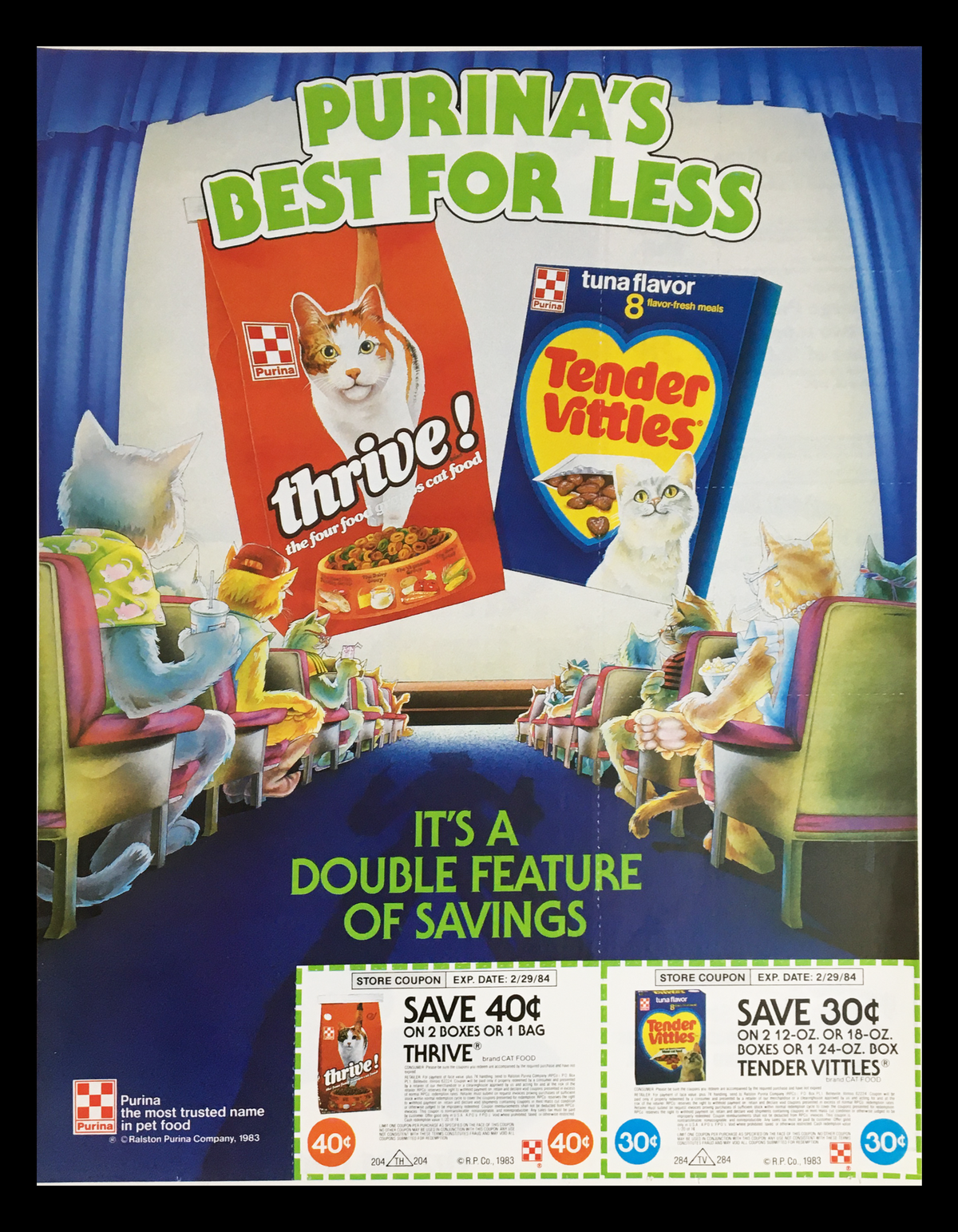 1983 Purina Thrive Tender Vittles Cat Food Circular Coupon Advertisement showcasing Purina's Best for Less with cat-themed graphics and product display.