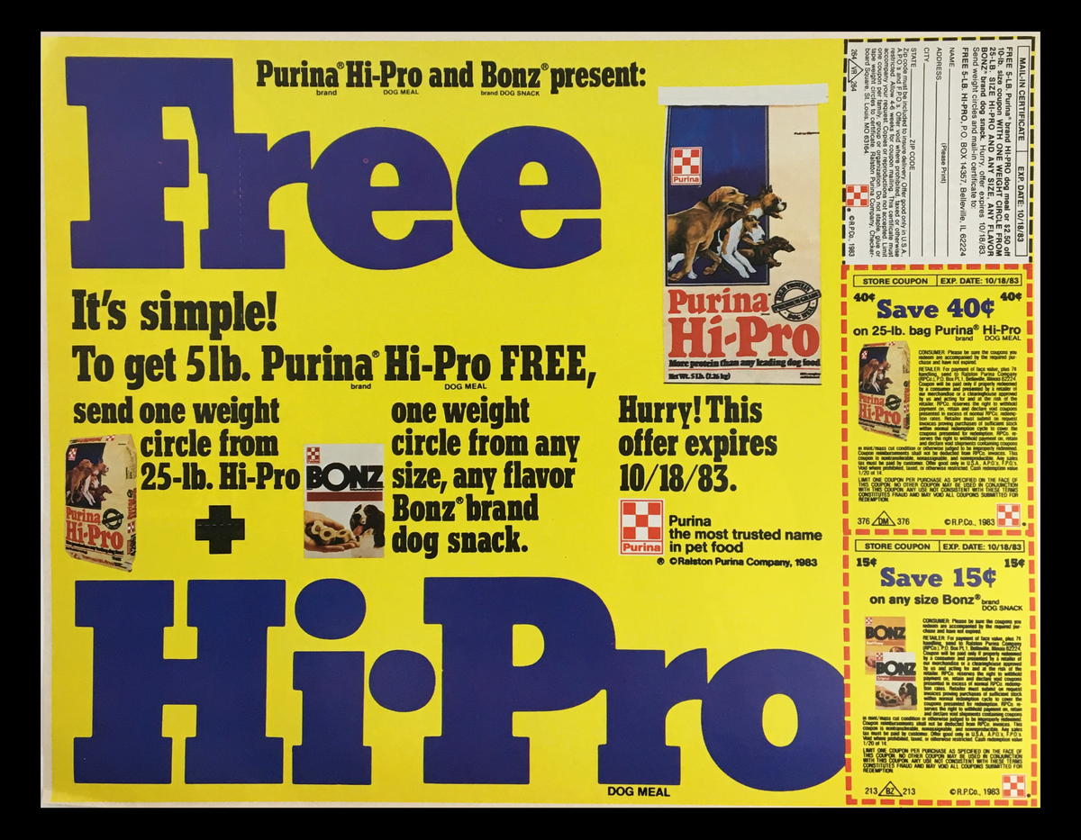 1983 Purina Hi-Pro and Bonz Circular Coupon Advertisement promoting free dog snacks with purchase, featuring colorful design and details on offer expiration.