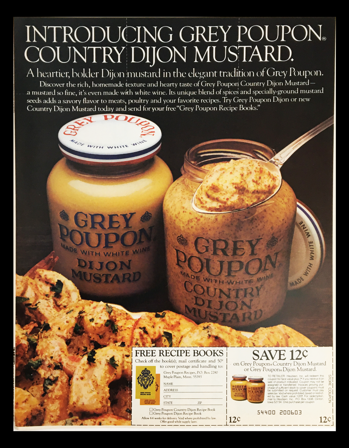1983 Grey Poupon Country Dijon Mustard Circular Coupon Advertisement showcasing jars of Grey Poupon mustard and serving suggestions, highlighting the product's elegance and flavor.