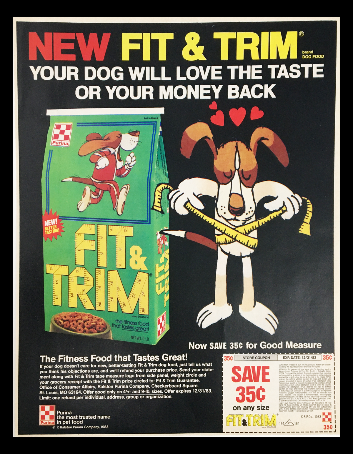 1983 Purina Fit & Trim Dog Food Circular Coupon Advertisement featuring a colorful dog food package, cartoon dogs, and a coupon for savings, highlighting the product's taste guarantee.