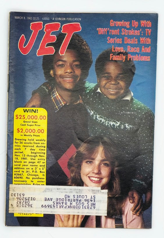 Vintage Jet Magazine cover from March 8, 1982 featuring Gary Coleman, Dana Plato, and Todd Bridges. The cover highlights the TV series 'Diff'rent Strokes' and discusses themes of love, race, and family problems. Includes promotional details for a cash prize contest.