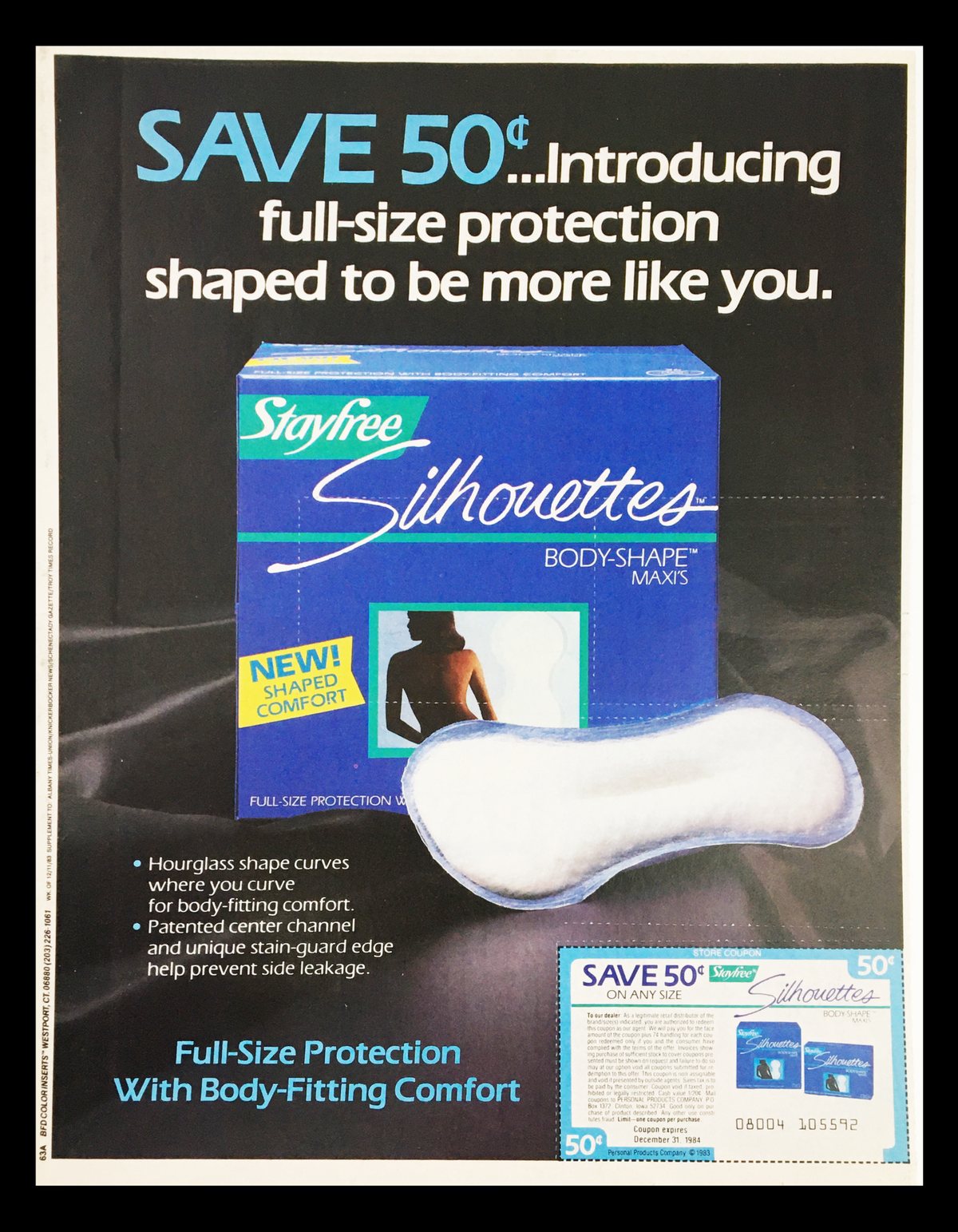1984 Stayfree Silhouette Body-Shape Maxi Circular Coupon Advertisement featuring a package of Stayfree Silhouettes showcasing hourglass shape curves and full-size protection. Includes a promotional offer to save 50 cents on body-fitting comfort products.