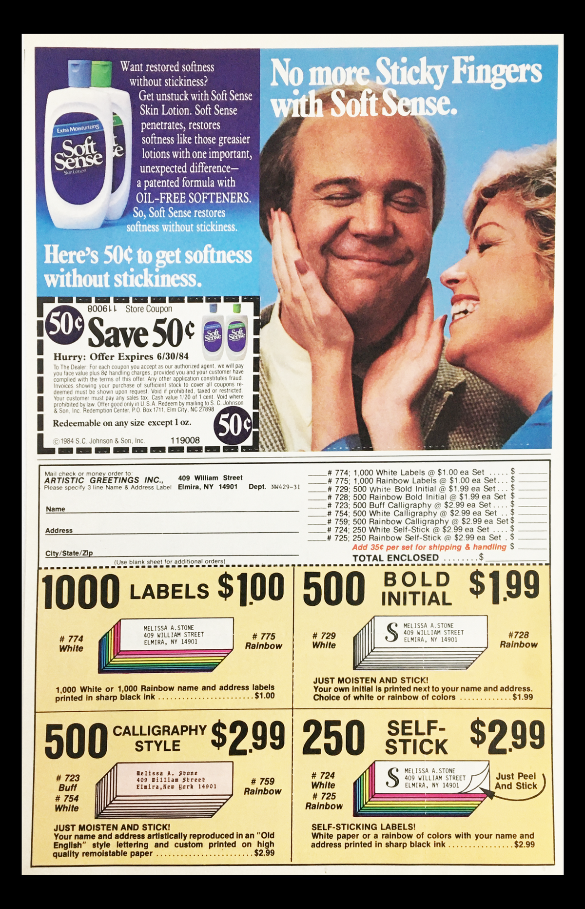 1984 Finesse Hair Spray Shampoo & Conditioner Circular Coupon Advertisement featuring a vintage design with product offers and coupons, showcasing 'Save 50c' on Soft Sense products, suitable for collectors and retro advertising enthusiasts.