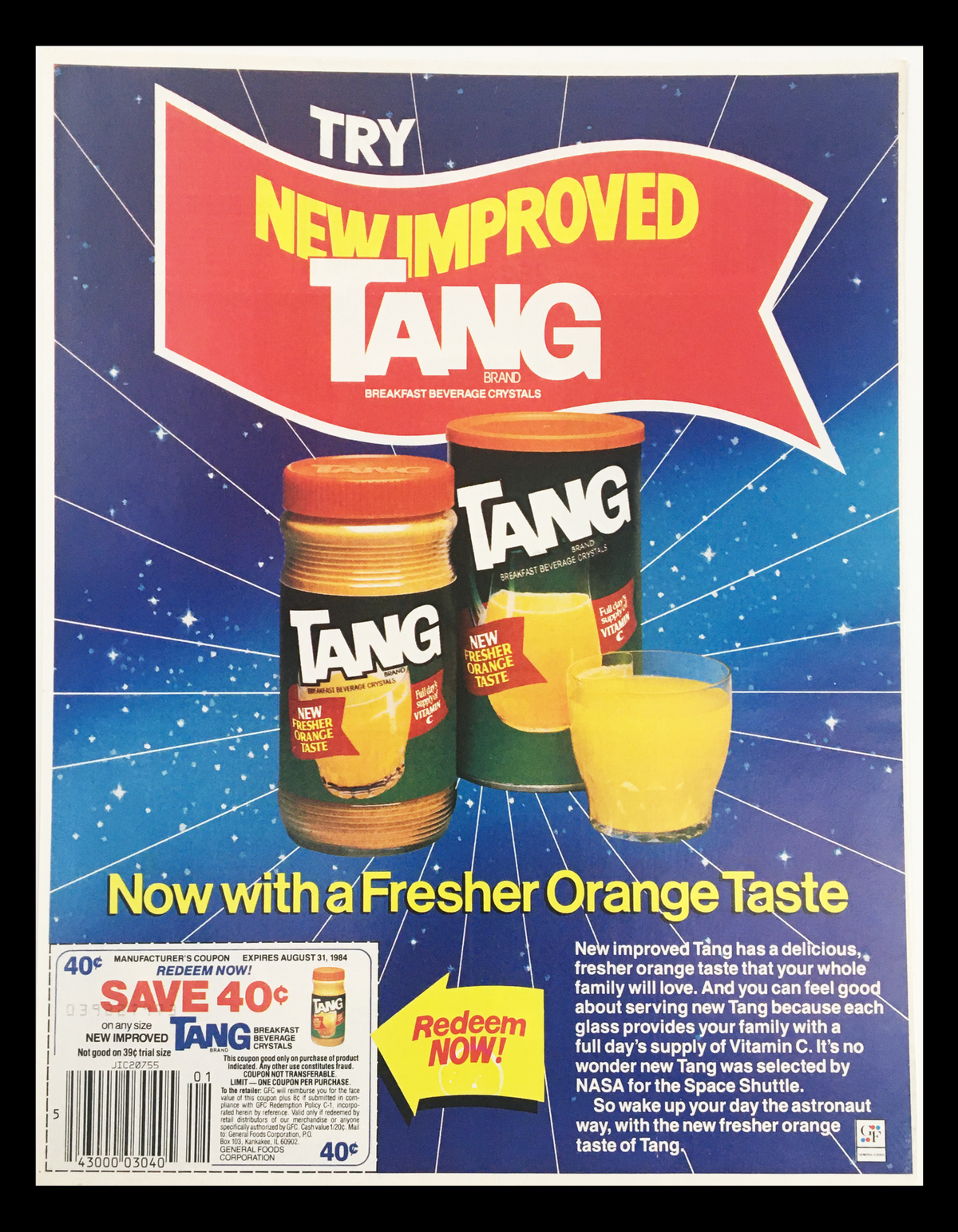 1984 Tang Brand Fresher Orange Juice Circular Coupon Advertisement featuring vibrant colors, promotional text for Tang's new improved flavor, and information about its vitamin content.