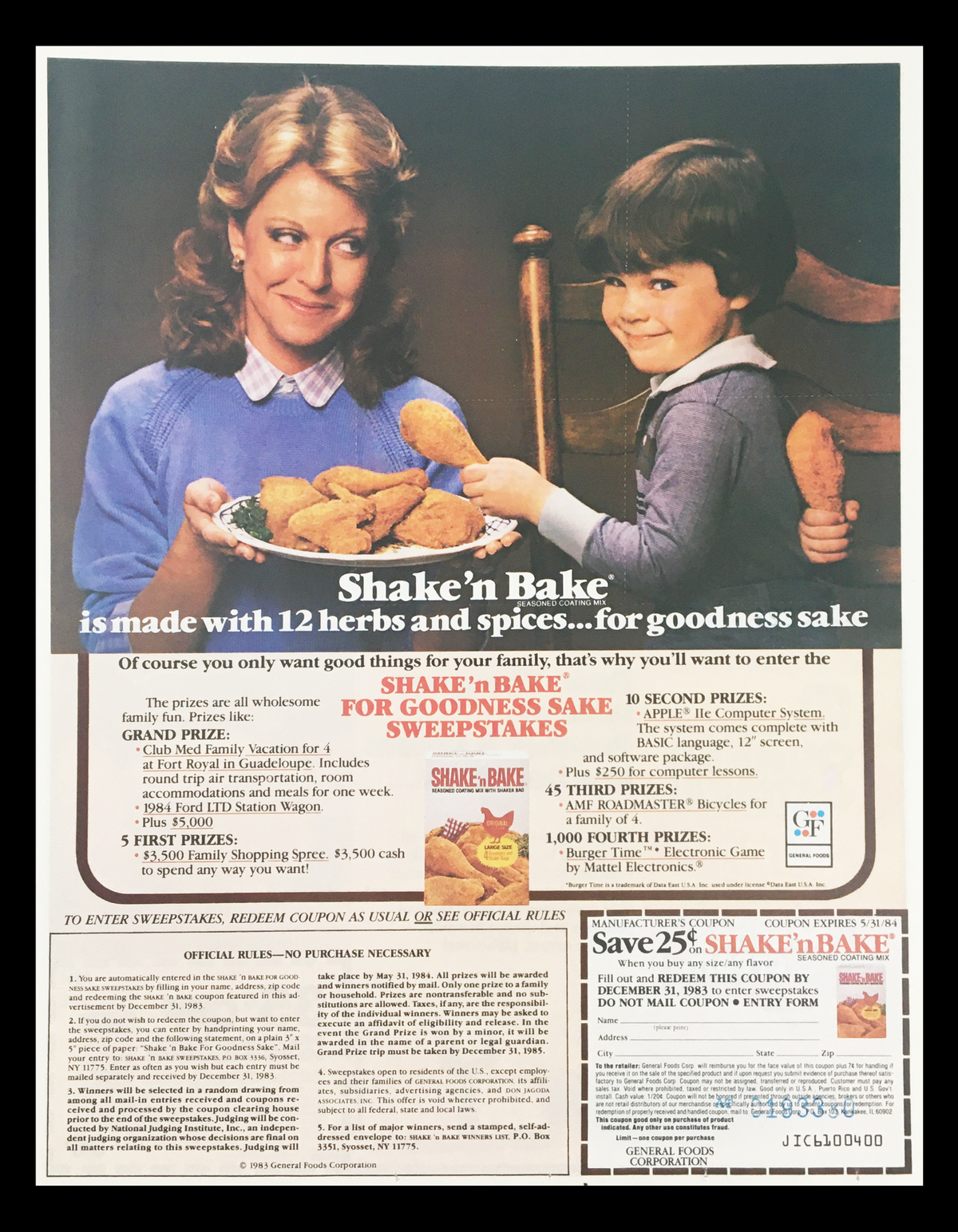 1983 Shake'n Bake Seasoned Coating Mix Circular Coupon Advertisement featuring a woman and child presenting a platter of fried chicken, with promotional text about a sweepstakes, including various prizes.