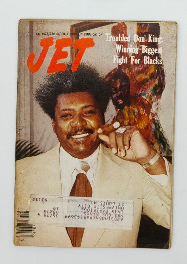 Cover of VTG Jet Magazine from October 13, 1977, featuring Don King with the headline 'Troubled Don King: Winning Biggest Fight For Blacks'. The cover highlights the significance of Don King's influence in boxing and African American history.