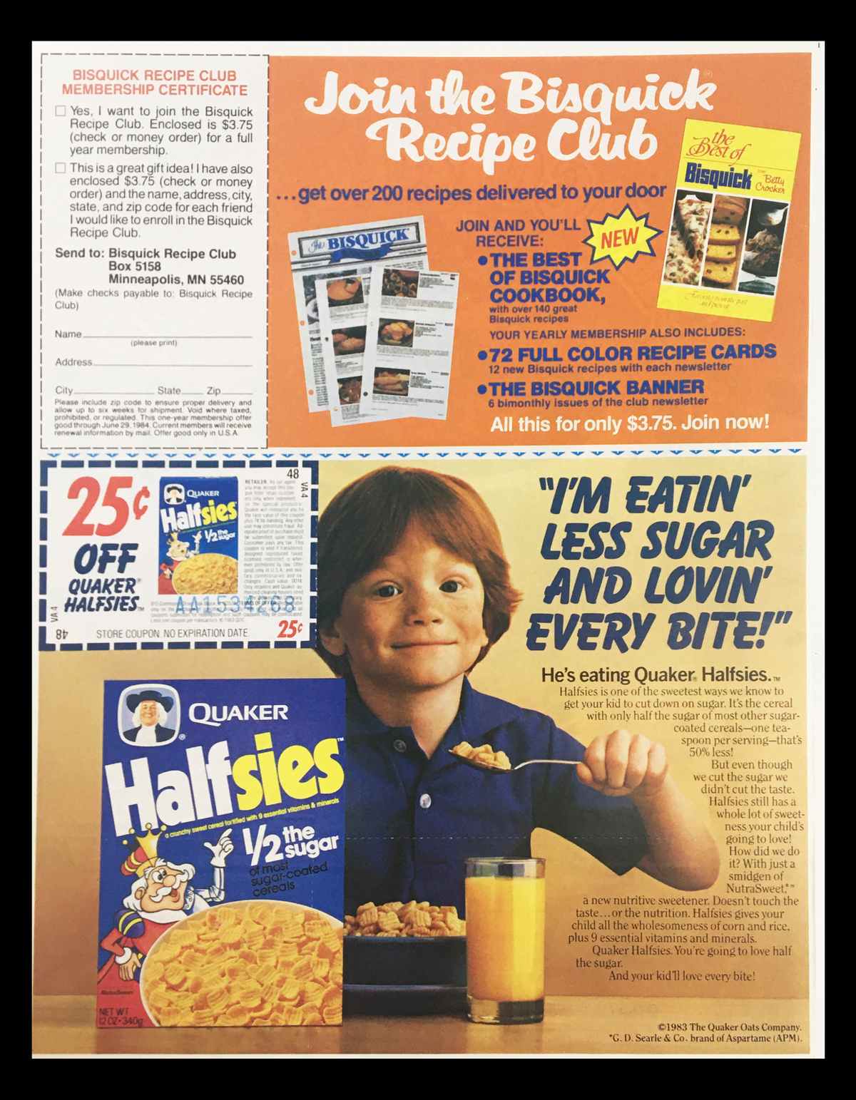 1984 Bisquick Recipe Club Advertisement featuring a cheerful child promoting Quaker Halfsies cereal, emphasizing low sugar content and a call to join the recipe club.