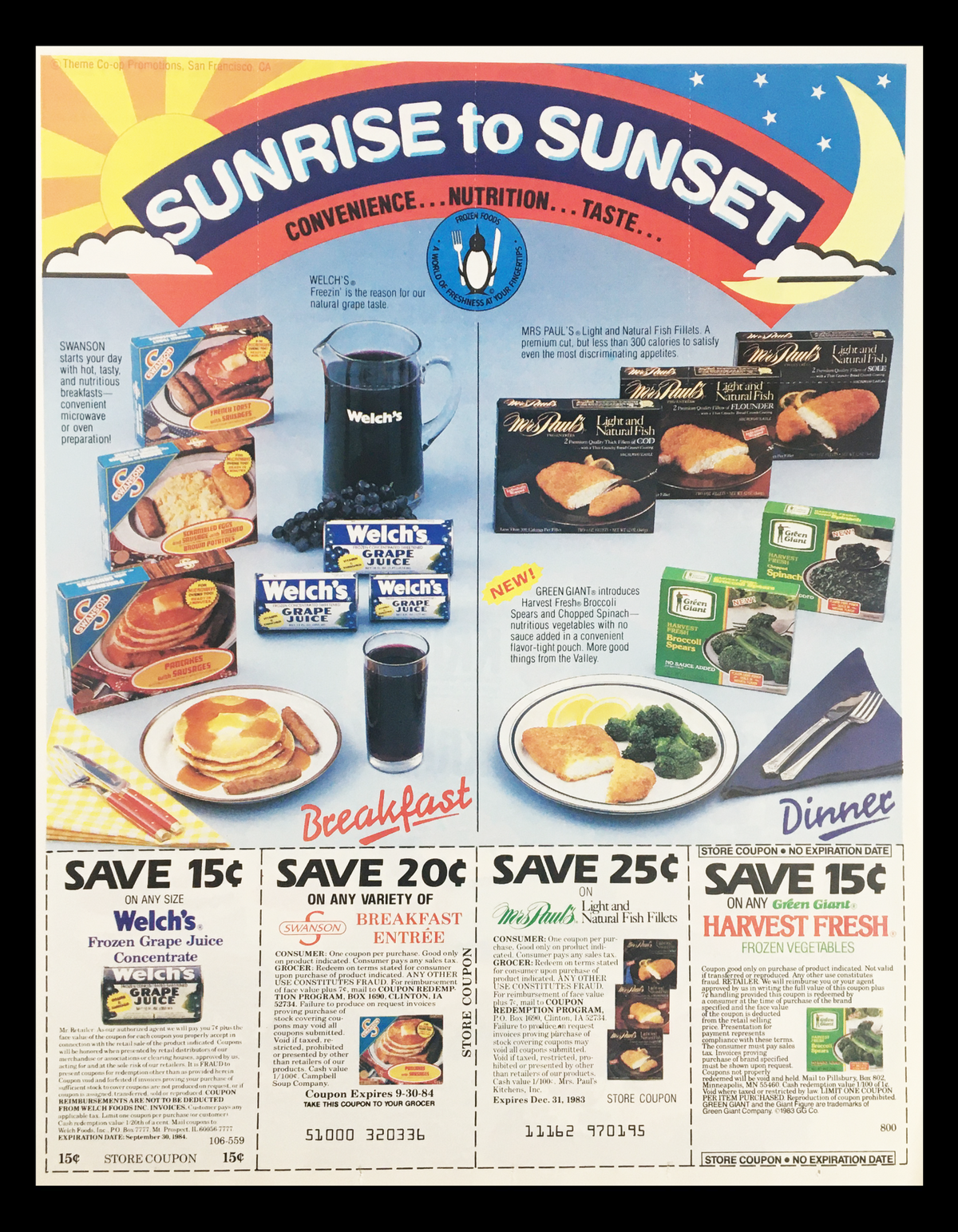 1983 The Lunch Bunch On The Go Circular Coupon Advertisement featuring breakfast and dinner options with Welch's products, highlighting convenience and nutrition for busy families.