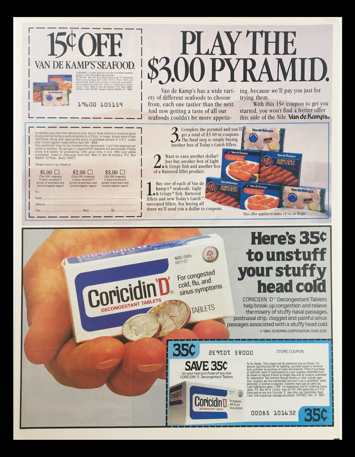 1984 Kal Kan Dog Food advertisement featuring Constance Gustnu, showcasing a circular coupon and promotional offers including Van de Kamp's seafood and Coricidin D medication, presented in a colorful layout.