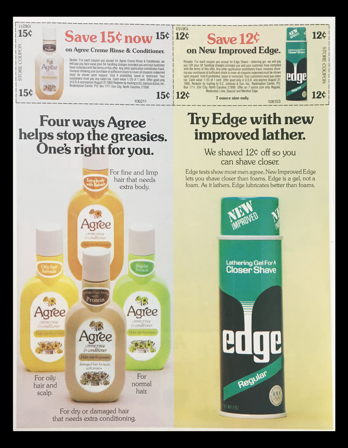 1979 Freeze Dried Brim Decaffeinated Coffee Circular Coupon Advertisement featuring products from Agree and Edge, with savings highlighted on bottles and grooming items.
