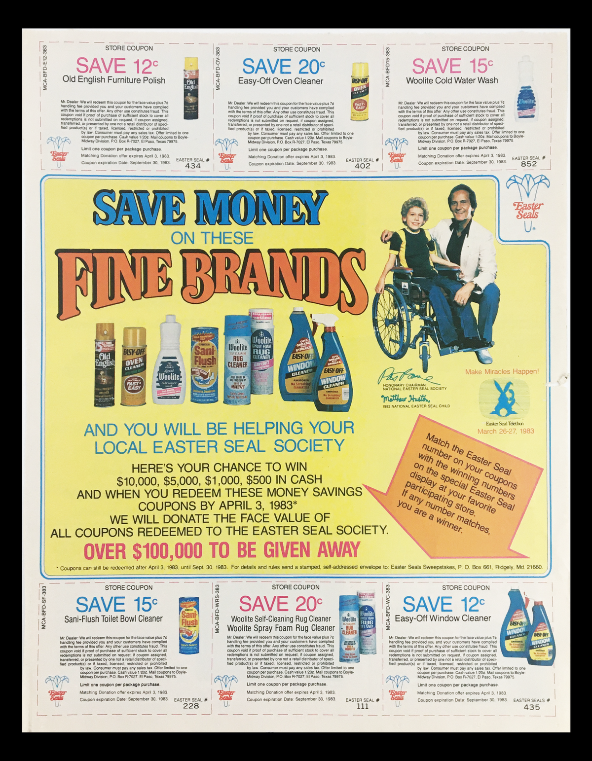 1983 Fine Brands Easter Seal Society Circular Coupon Advertisement featuring promotional offers on various cleaning products and a child in a wheelchair, encouraging support for the local Easter Seal Society. The advertisement highlights savings and community assistance.