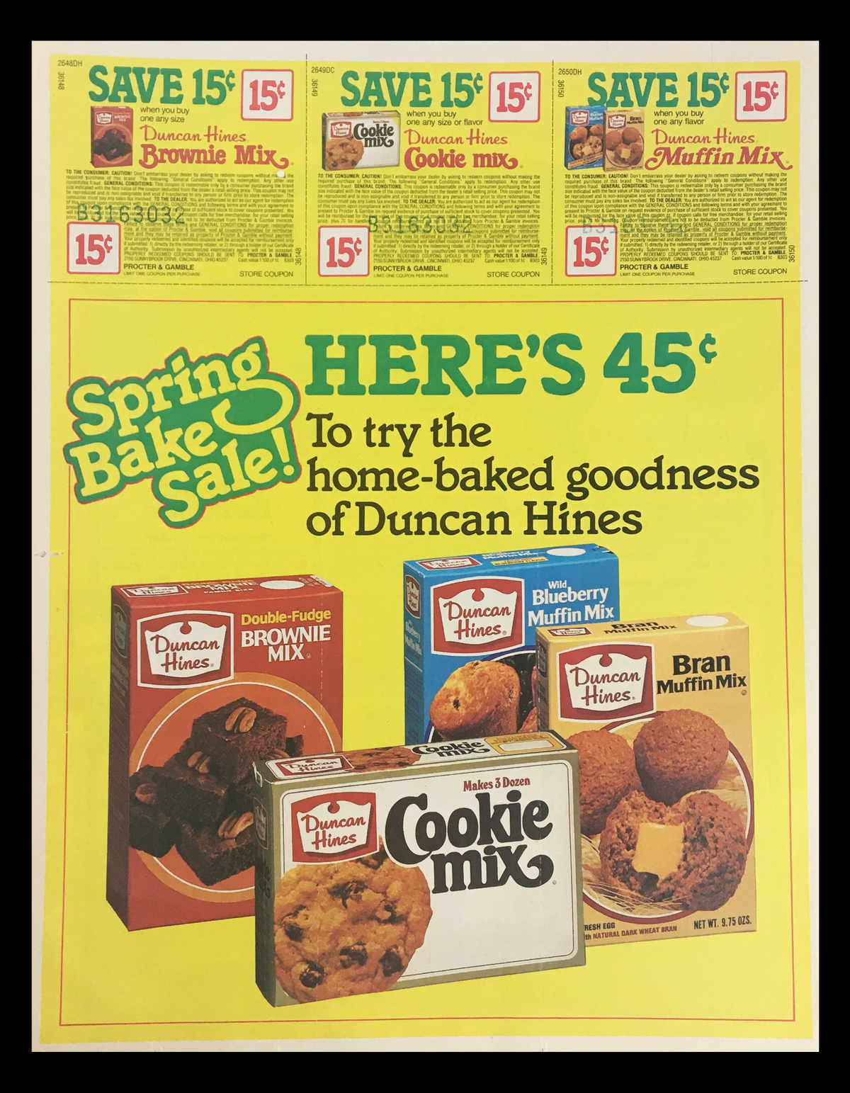 1983 Duncan Hines Sweepstakes Circular Coupon Advertisement featuring baking mixes including Brownie Mix, Cookie Mix, and Bran Muffin Mix. Promotional offers highlighted for a Spring Bake Sale.