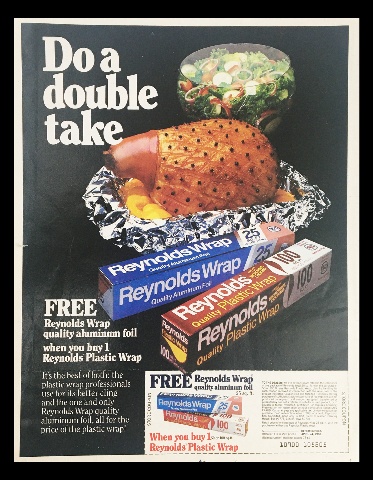 1983 Reynolds Wrap Aluminum Foil Circular Coupon Advertisement featuring free Reynolds Wrap quality aluminum foil when plastic wrap is purchased, showcasing foods and packaging.